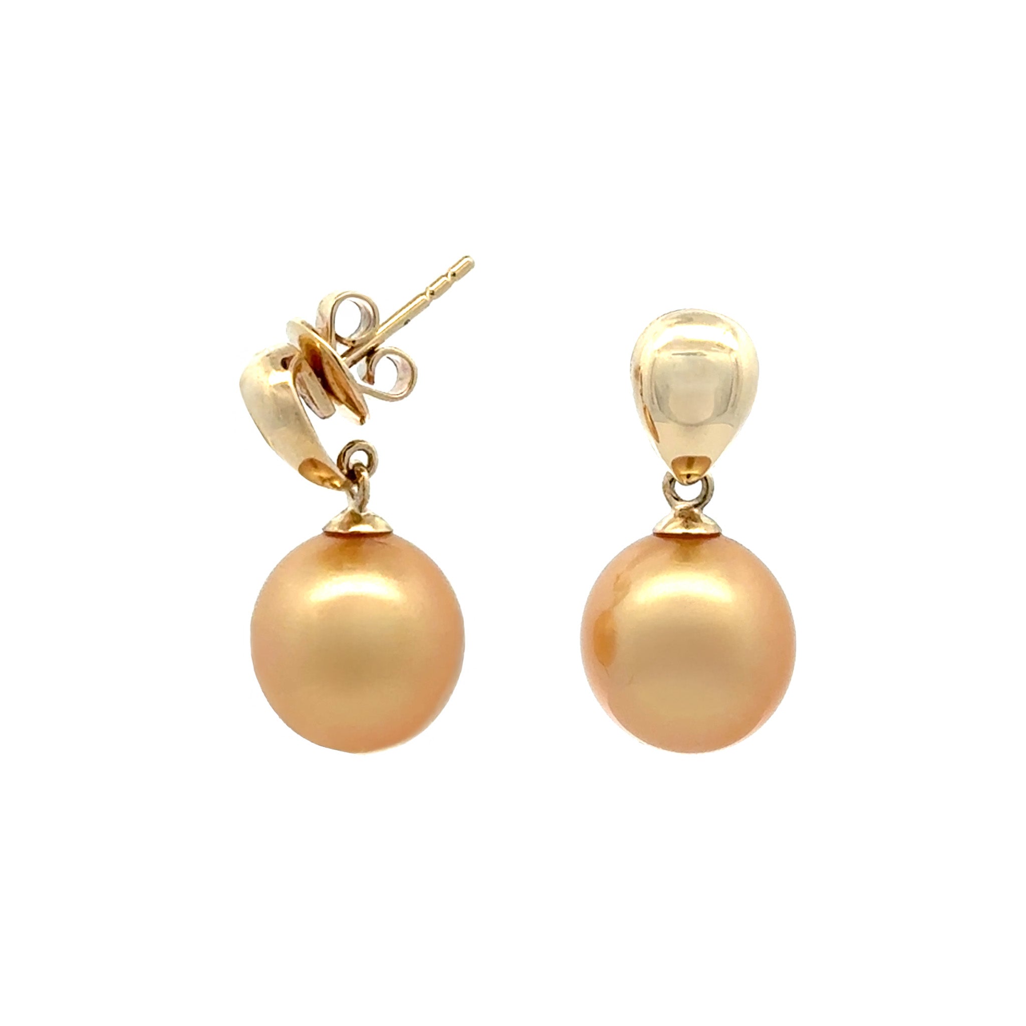 9K Yellow Gold South Sea 10-11 mm Cultured Pearl Drop Earrings side view with a white background