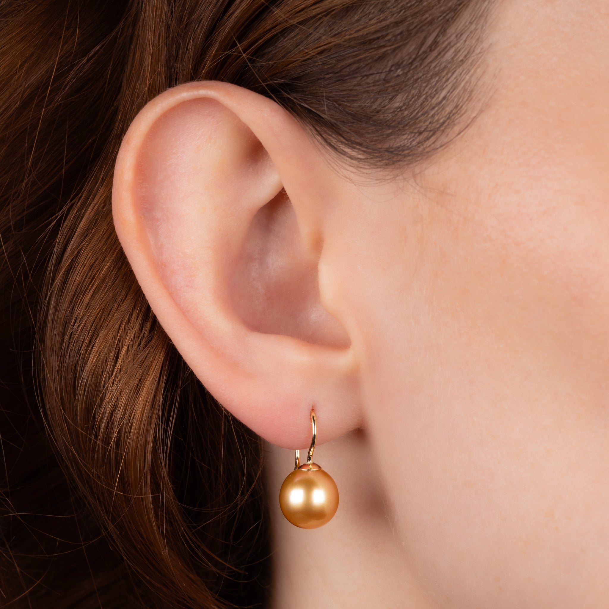 9K Yellow Gold South Sea 10-11 mm Cultured Pearl Hook Earrings worn on a model