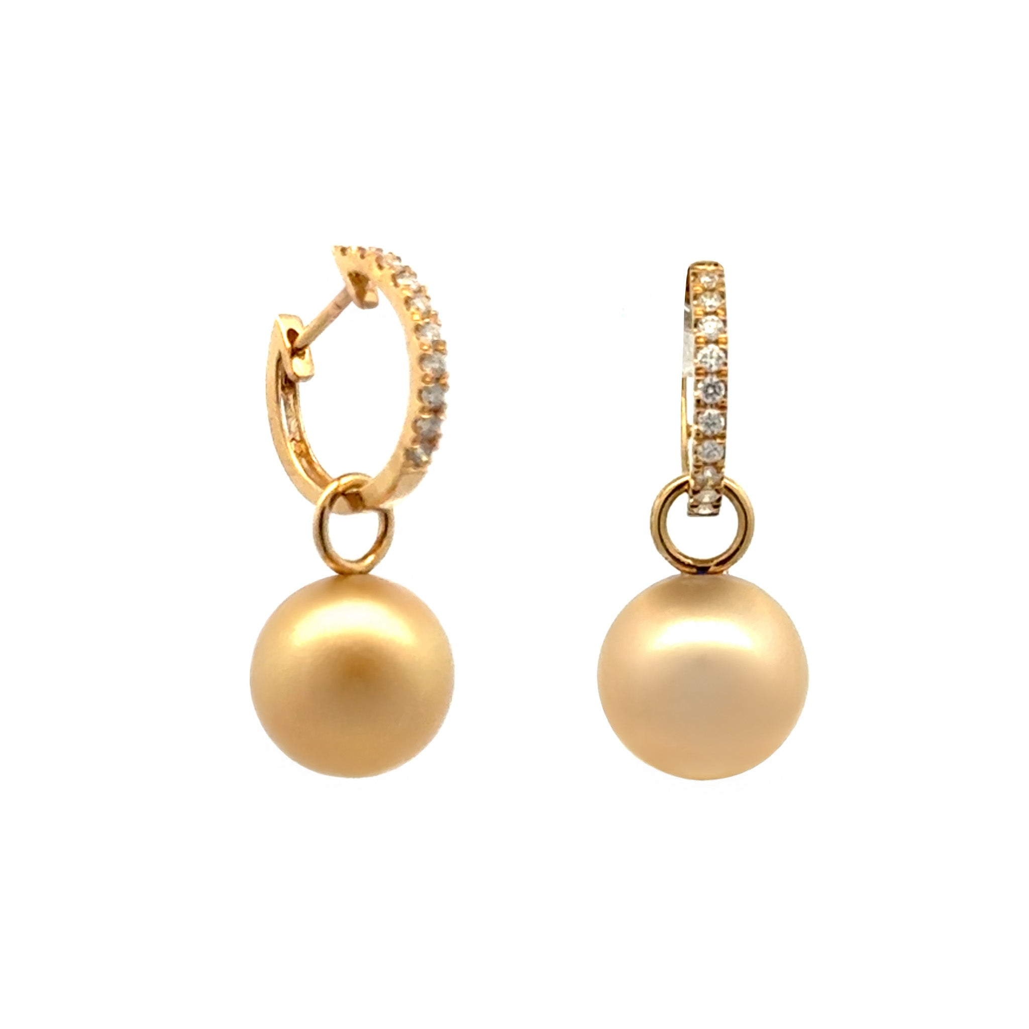 18K Yellow Gold South Sea 9-10 mm Cultured Pearl and Diamond Huggie Earrings side view on a white background