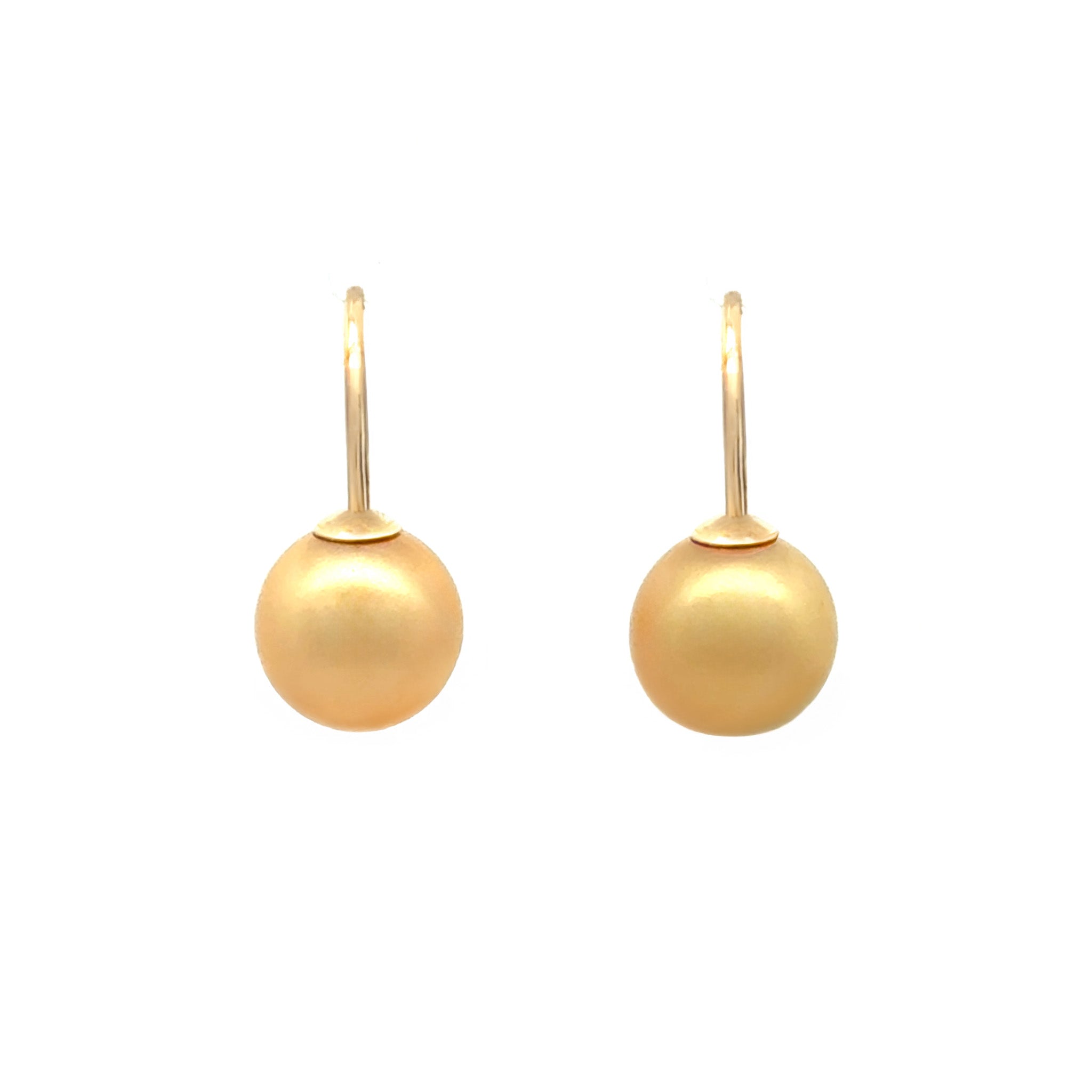 9K Yellow Gold South Sea 10-11mm Cultured Pearl Hook Earrings front view on a white background