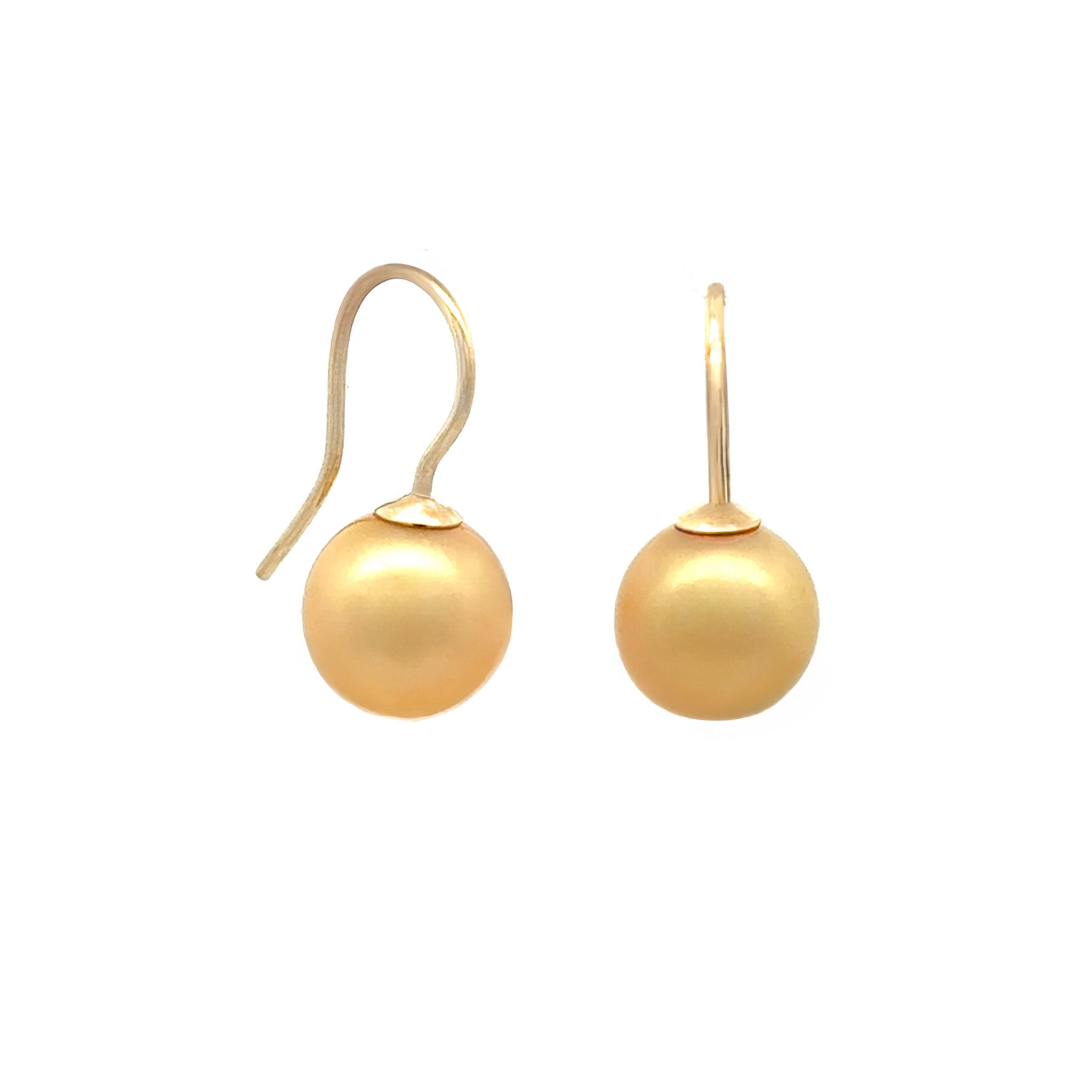 9K Yellow Gold South Sea 10-11mm Cultured Pearl Hook Earrings side view on a white background