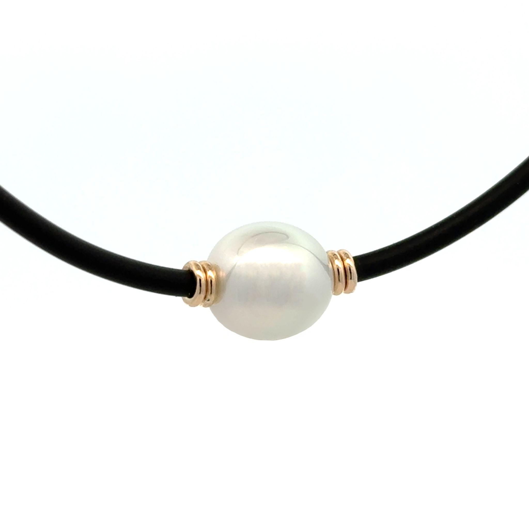 9K Yellow Gold Australian South Sea 10-11mm Cultured Pearl Neoprene Necklace side view with a white background