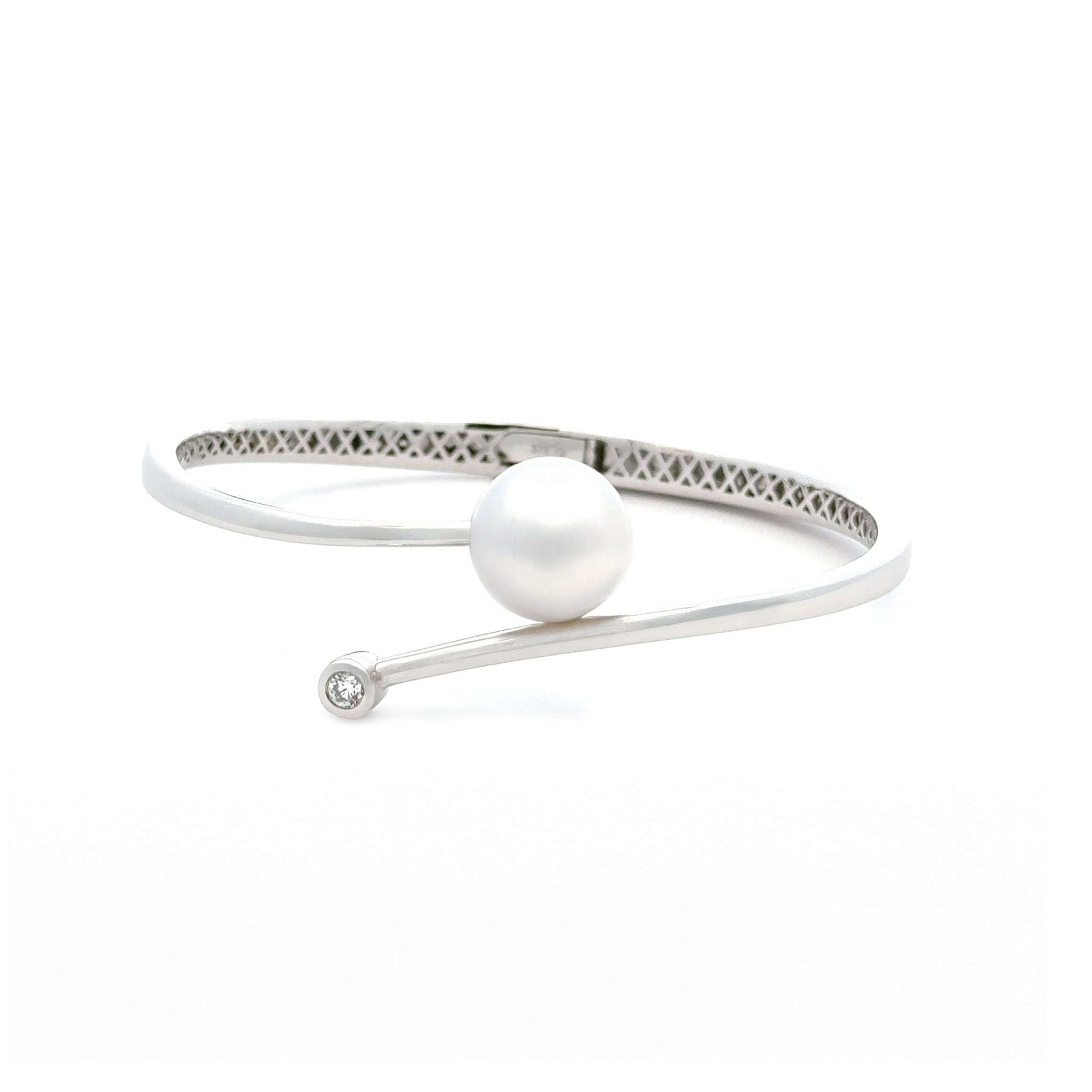 9K White Gold Australian South Sea 12-13 mm Cultured Pearl and Diamond Bangle front view