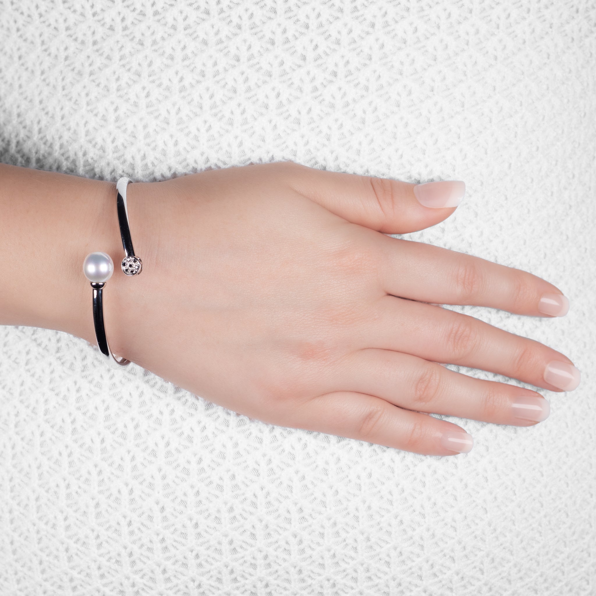 Sterling Silver Australian South Sea 10-11 mm Cultured Pearl and Diamond Bangle on a model