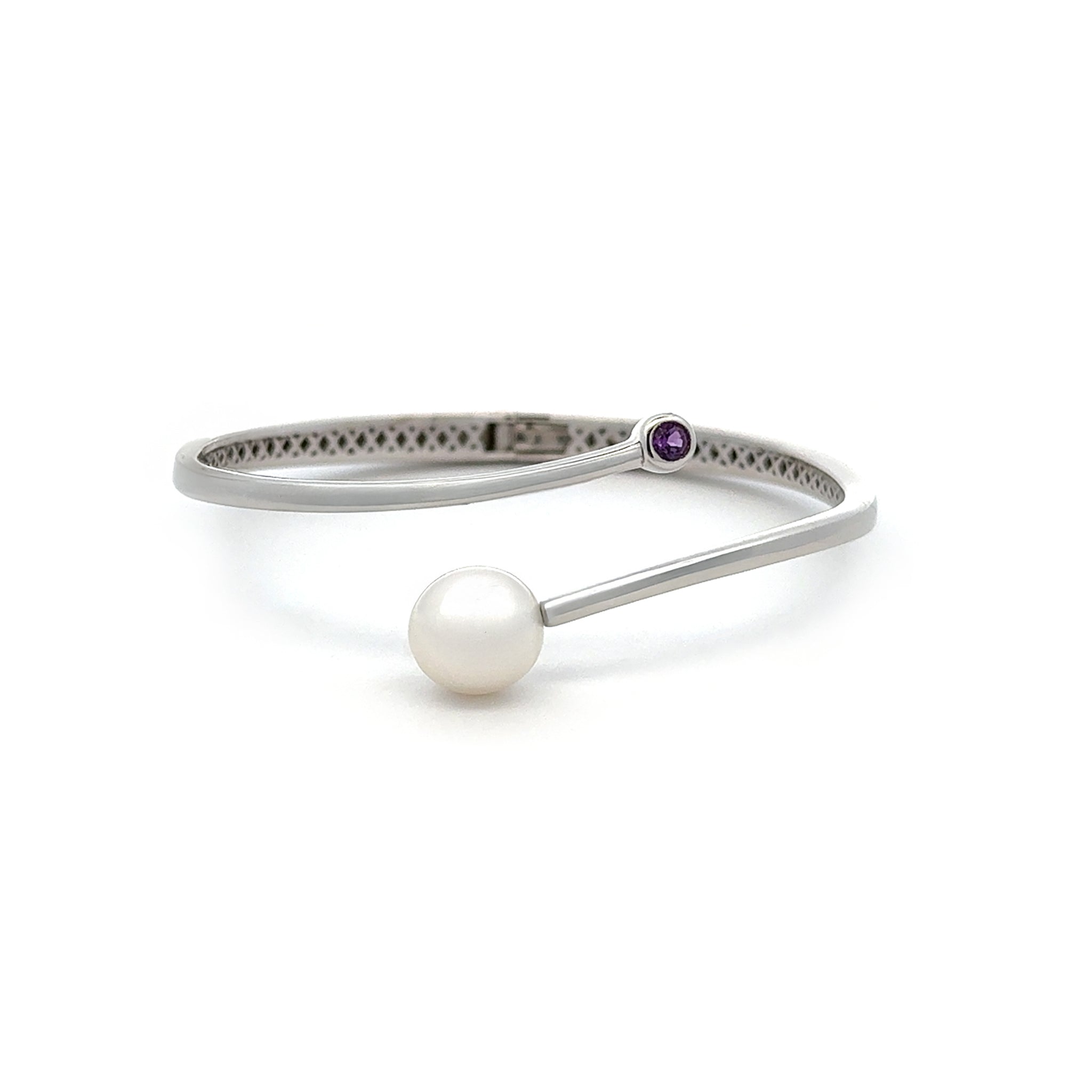 Sterling Silver Australian South Sea 10-11 mm Cultured Pearl and Amethyst Bangle front view