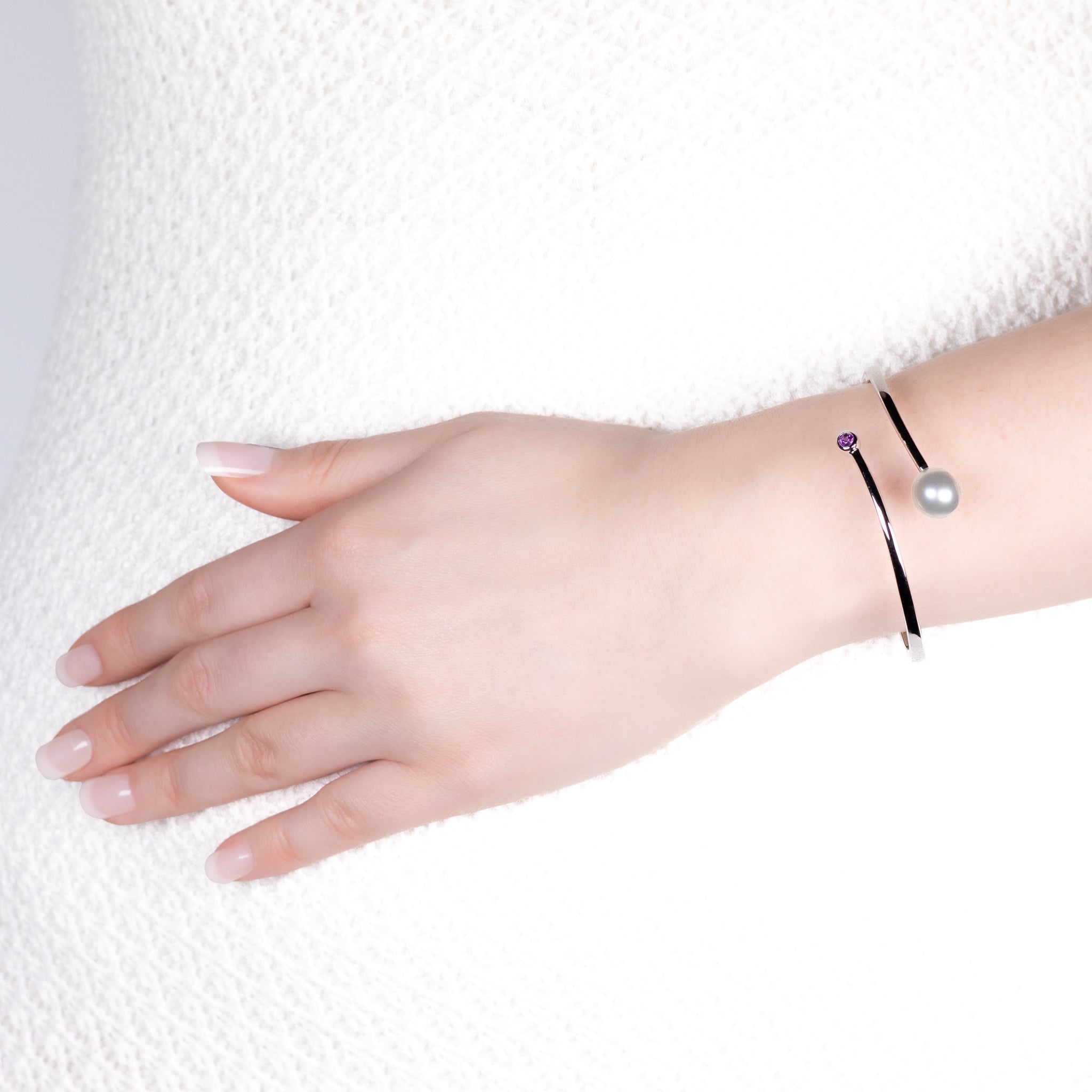 Sterling Silver Australian South Sea 10-11 mm Cultured Pearl and Amethyst Bangle on a model