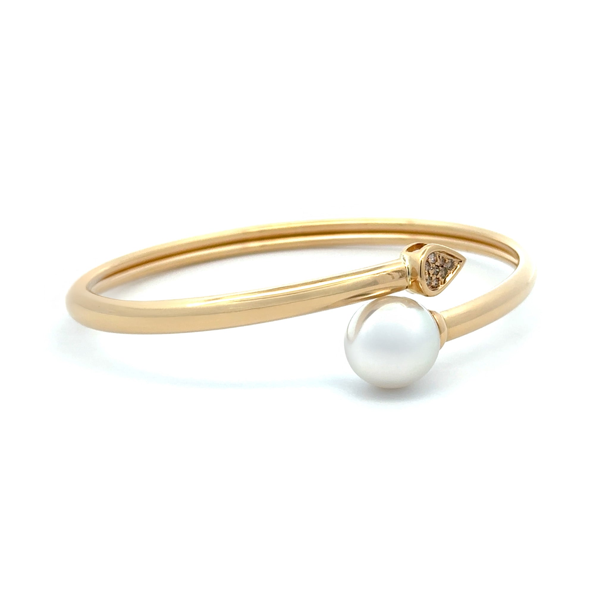 18K Yellow Gold Australian South Sea 11-12mm Cultured Pearl and Argyle Diamond Bangle front view on white background side view on white background