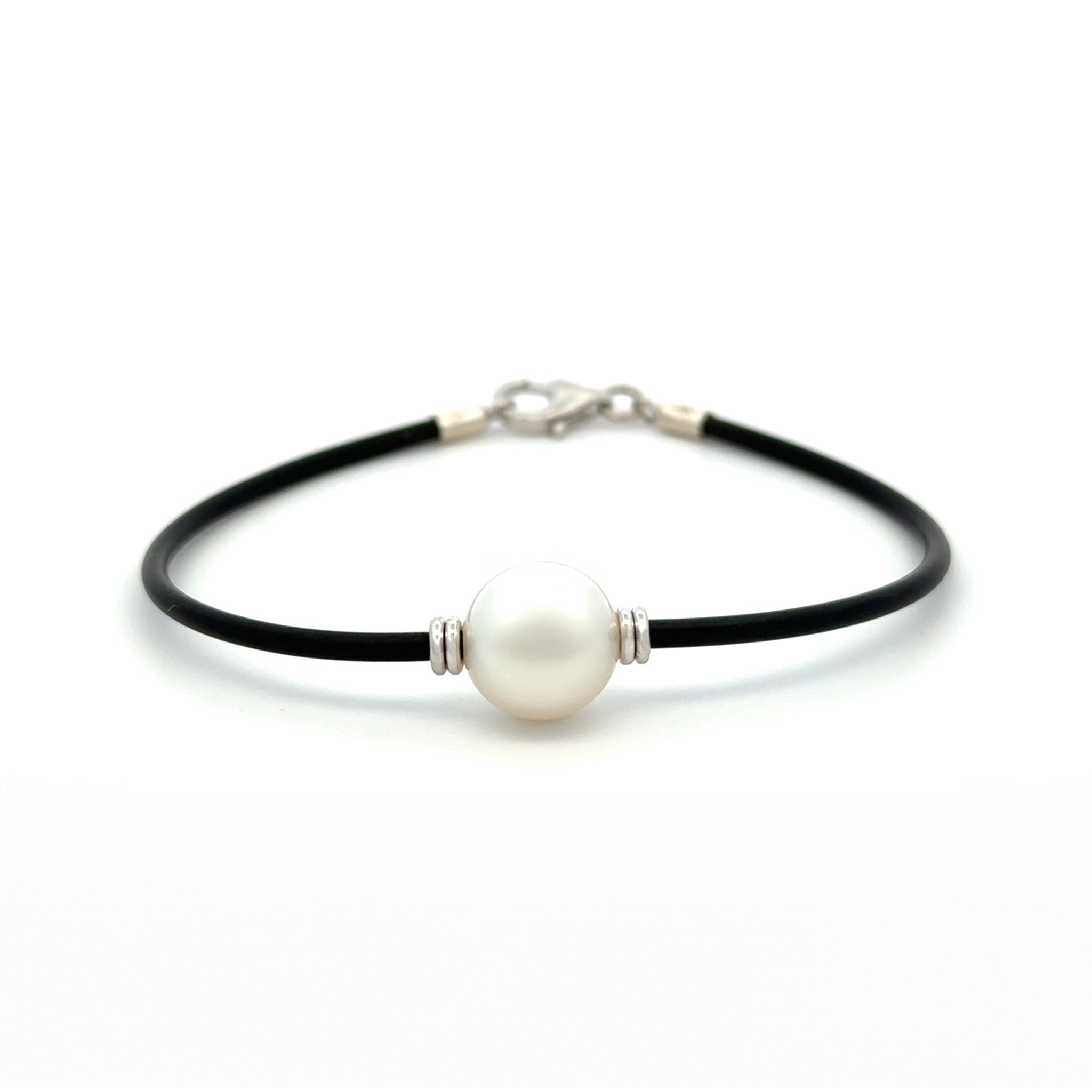 Sterling Silver Australian South Sea 10-11 mm Cultured Pearl Neoprene Bracelet front view with a white background