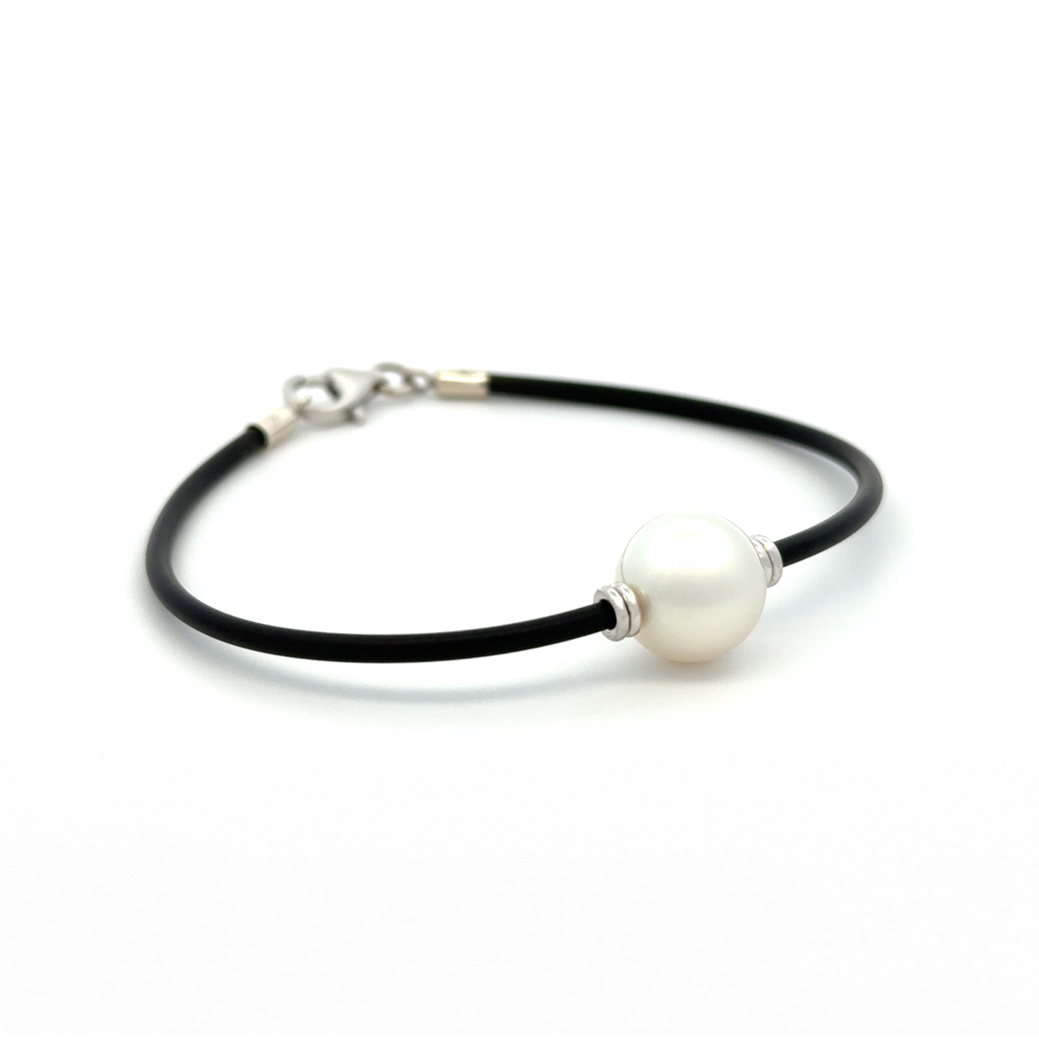 Sterling Silver Australian South Sea 10-11 mm Cultured Pearl Neoprene Bracelet side view with a white background
