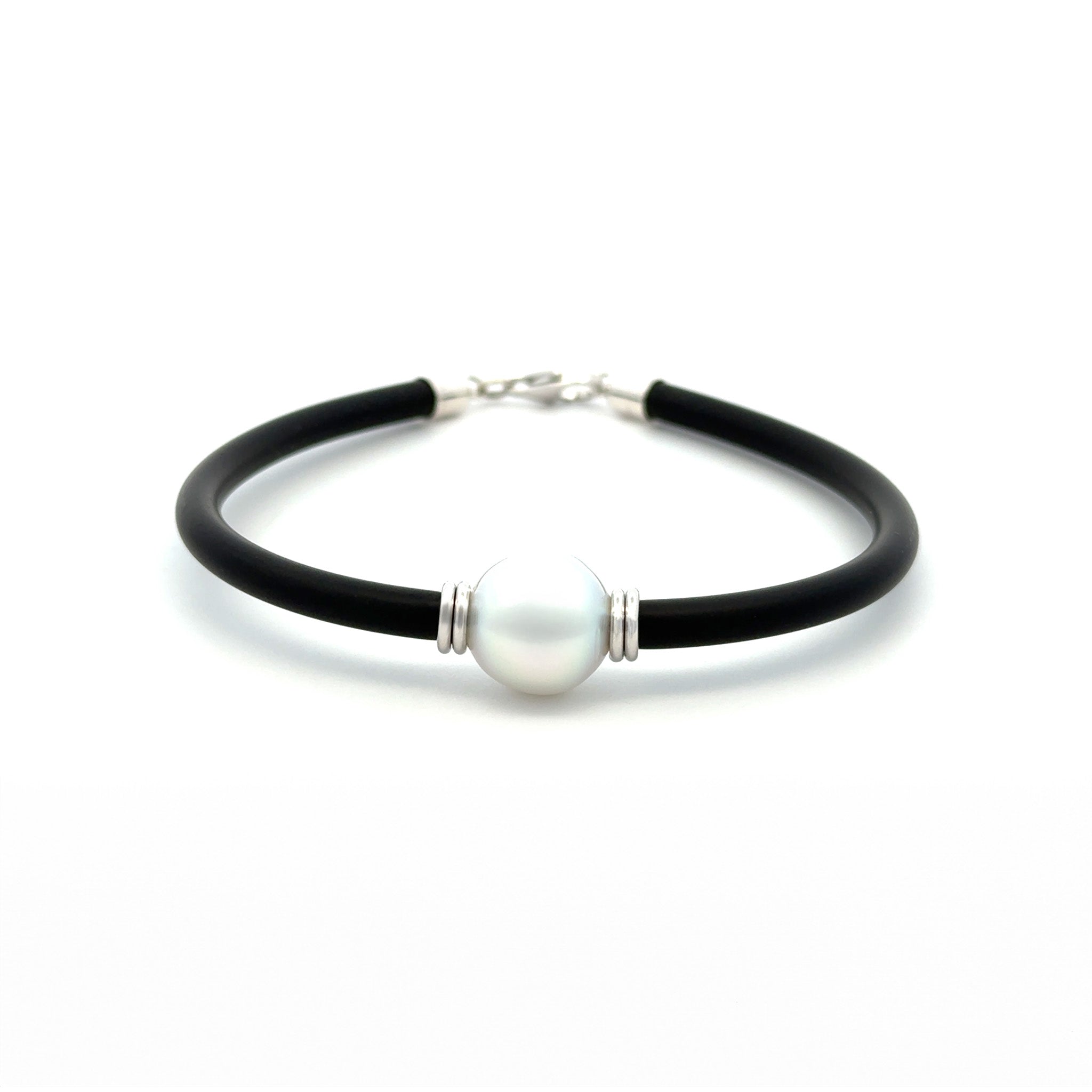 Sterling Silver Australian South Sea 12-13 mm Cultured Pearl Neoprene Bracelet front view with white background
