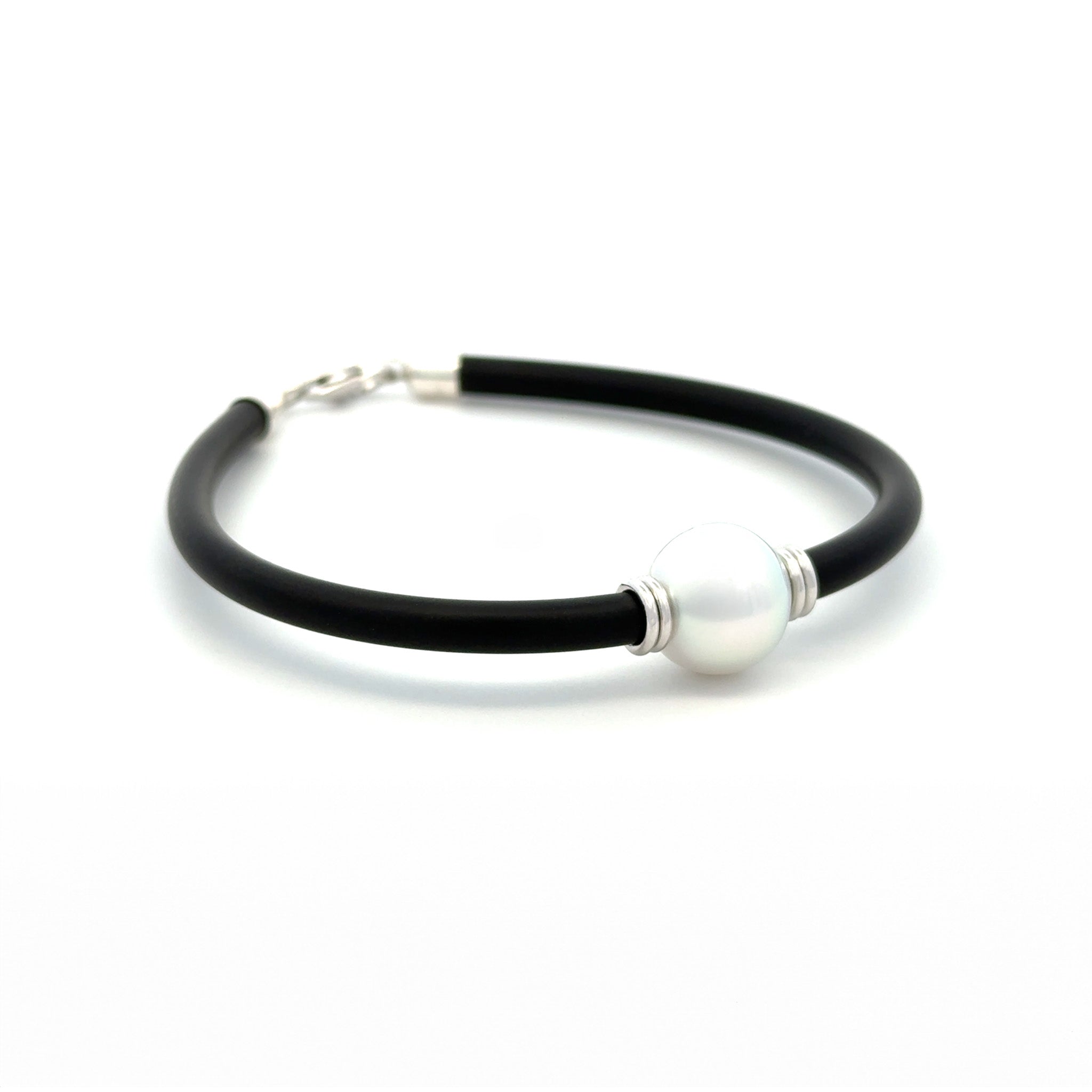 Sterling Silver Australian South Sea 12-13 mm Cultured Pearl Neoprene Bracelet side view with white background