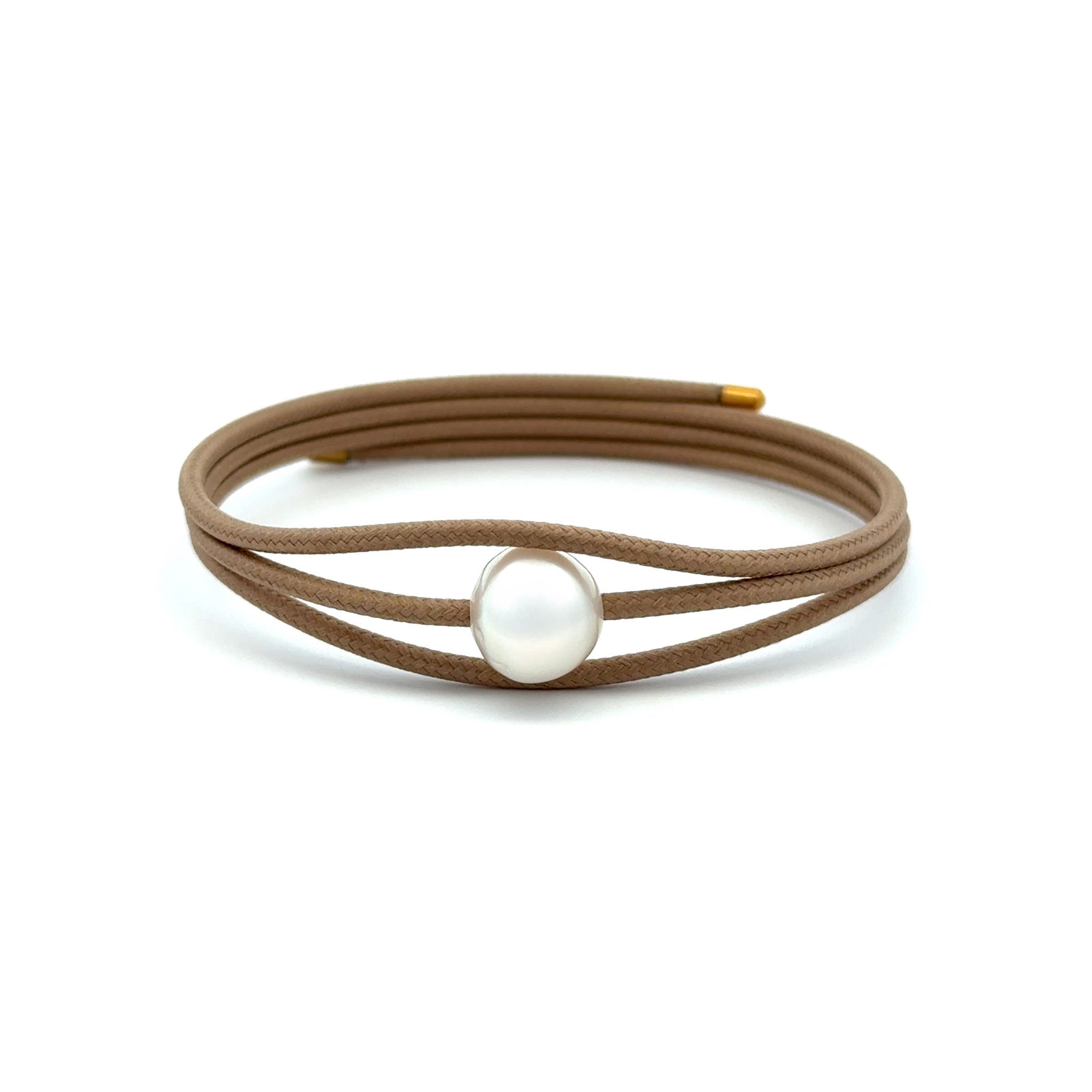 Stainless Steel Australian South Sea 10-11 mm Cultured Pearl Magnetic Tan Wrap Bracelet front view on a white background