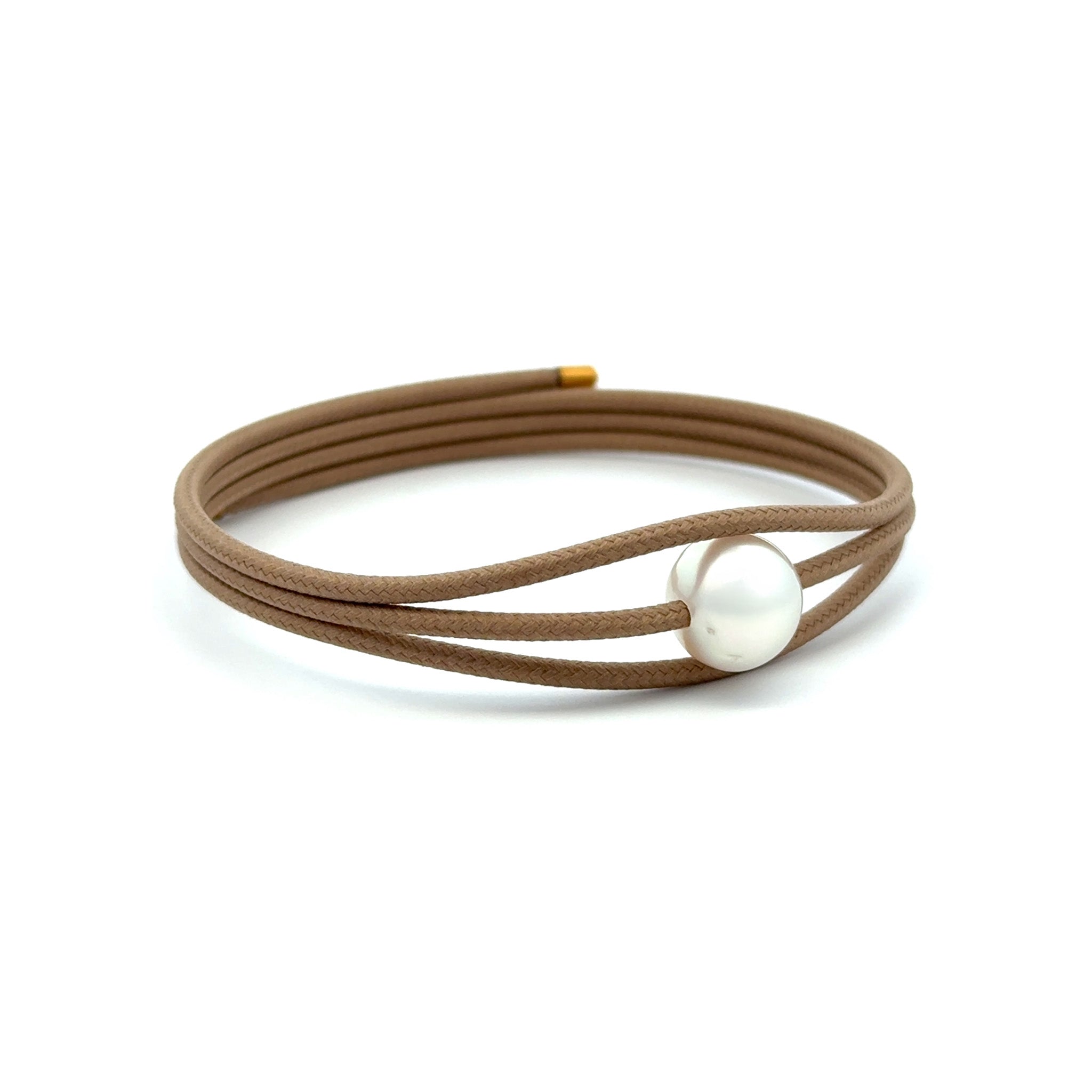 Stainless Steel Australian South Sea 10-11 mm Cultured Pearl Magnetic Tan Wrap Bracelet side view on a white background