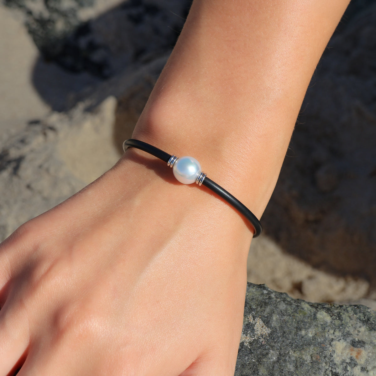 Sterling Silver Australian South Sea 10-11 mm Cultured Pearl Neoprene Bracelet on model