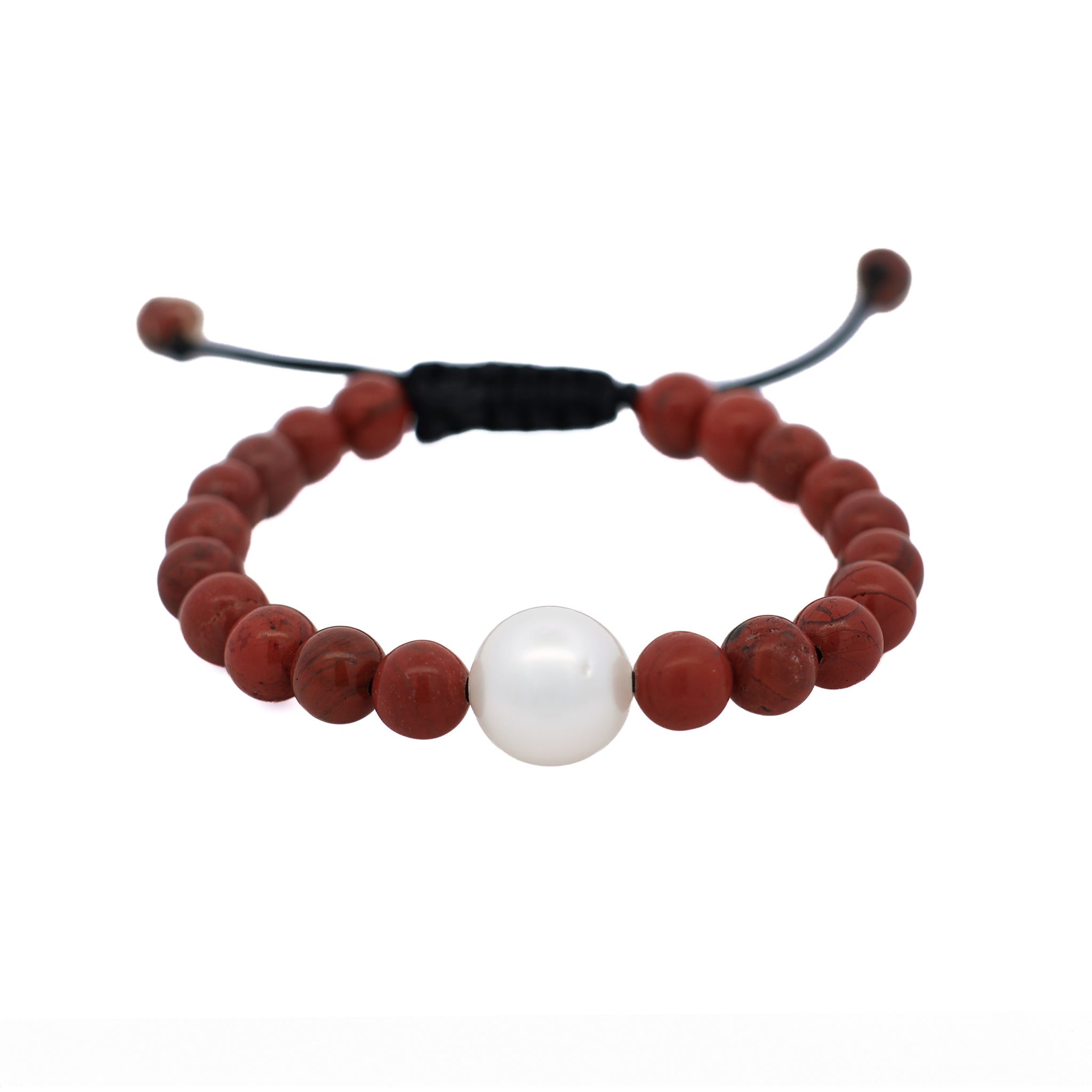 Australian South Sea 10-11 mm Cultured Pearl and 6 mm Red Jasper Bead Bracelet front view