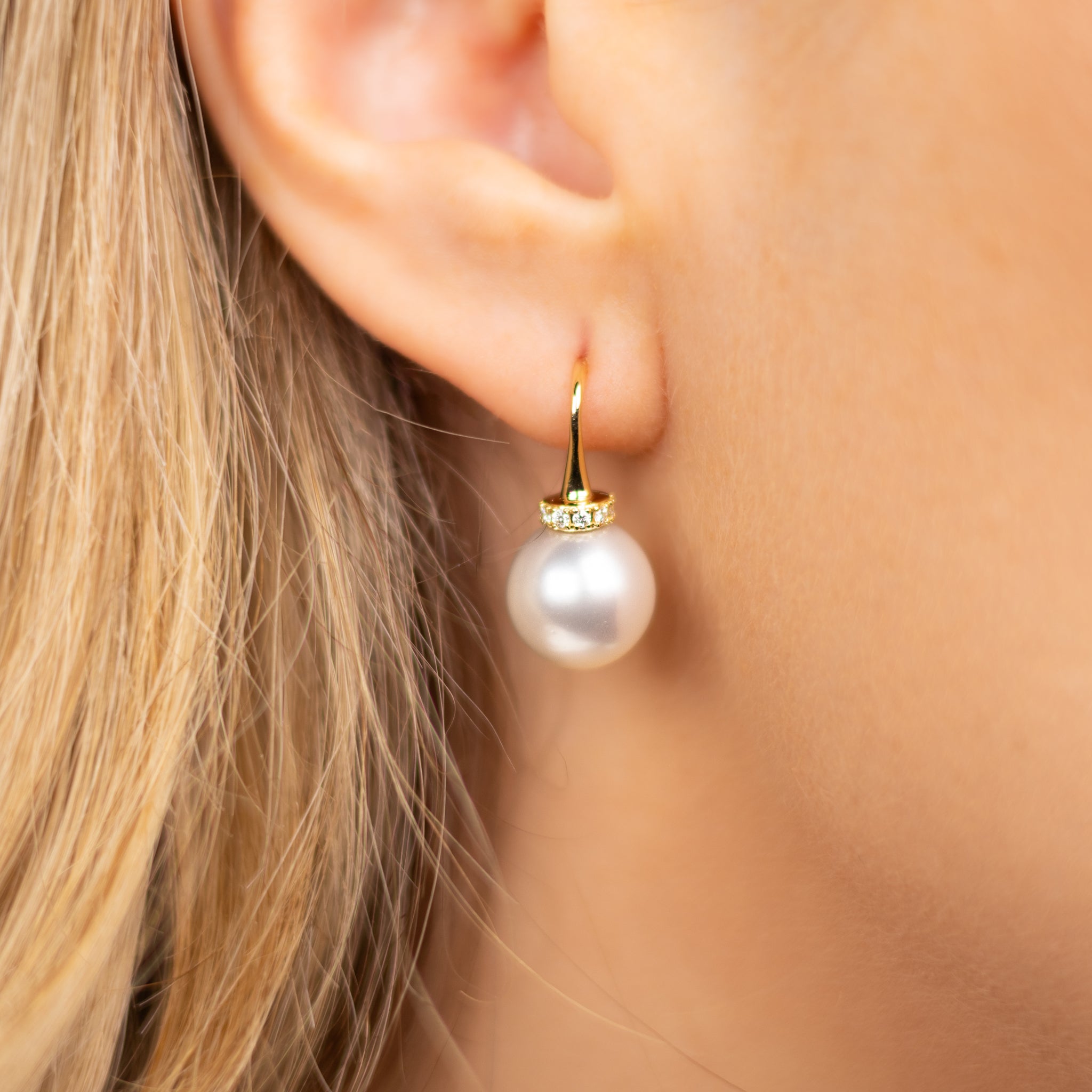 18K Yellow Gold Australian South Sea Cultured Pearl and Diamond Hook Earrings