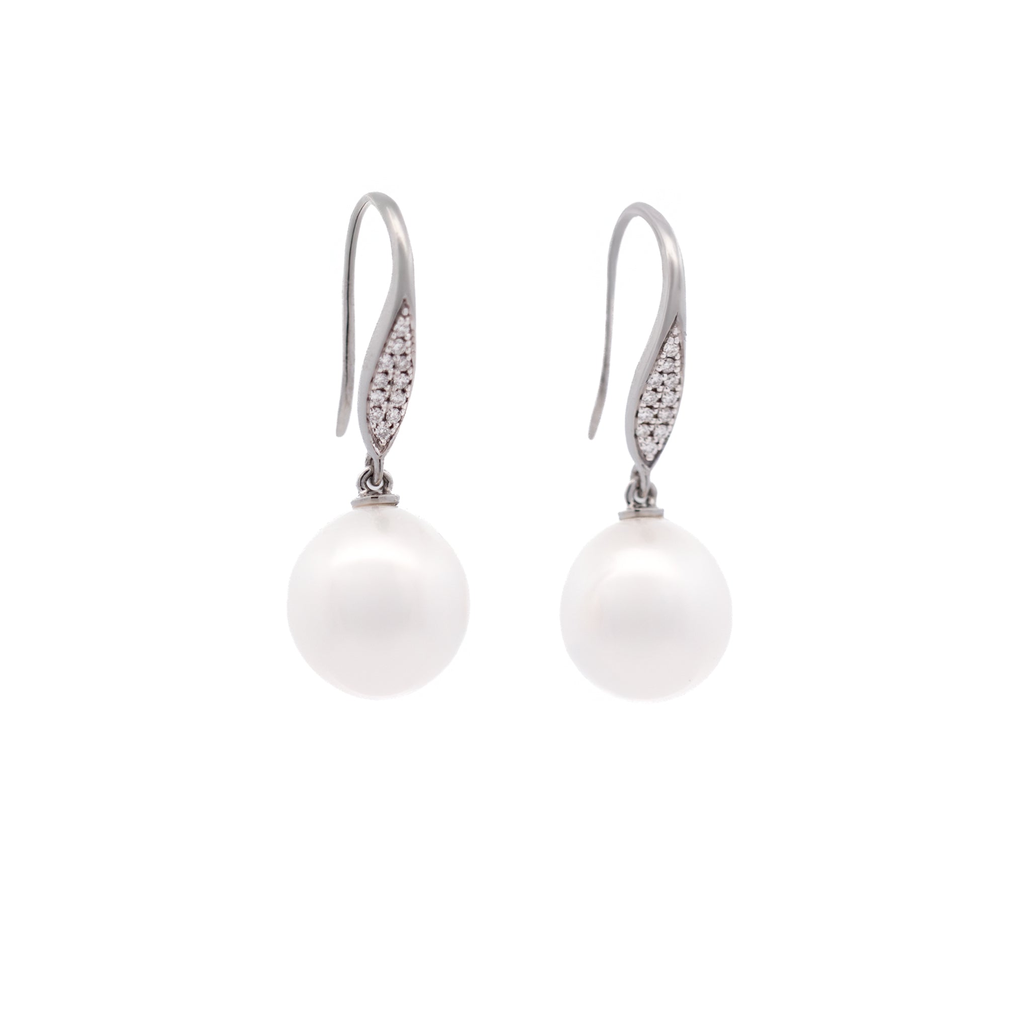 18K White Gold Australian South Sea 10-11 mm Cultured Pearl and Diamond Hook Earrings side view