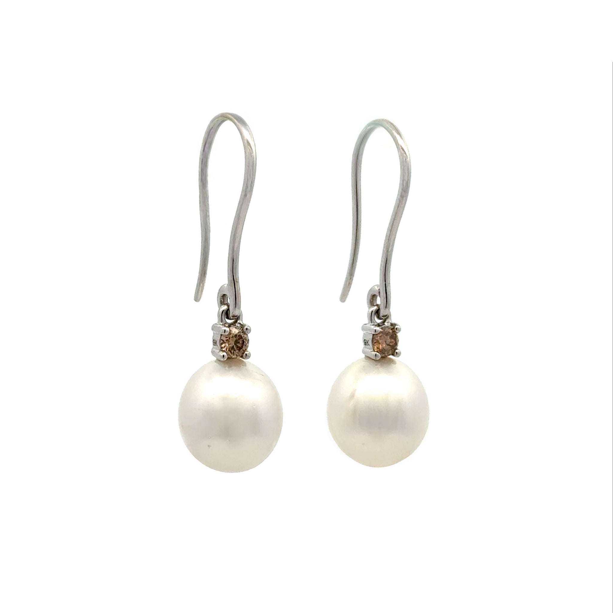 9K White Gold Australian South Sea Cultured 10-11 Pearl and Argyle Diamond Hook Earrings