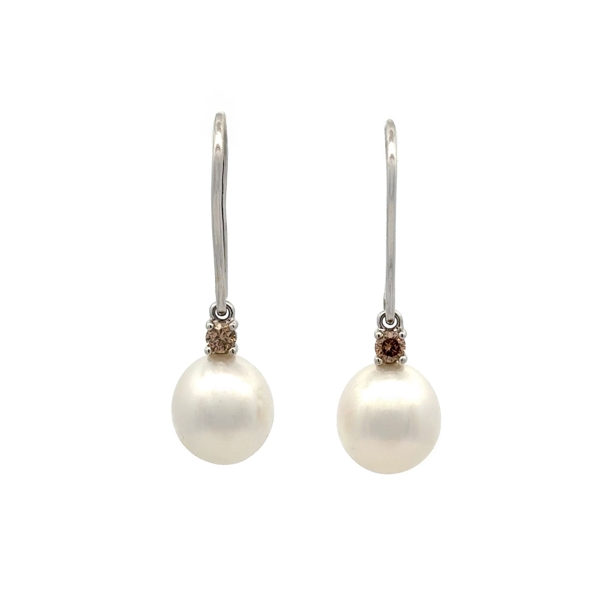 9K White Gold Australian South Sea Cultured 10-11 Pearl and Argyle Diamond Hook Earrings