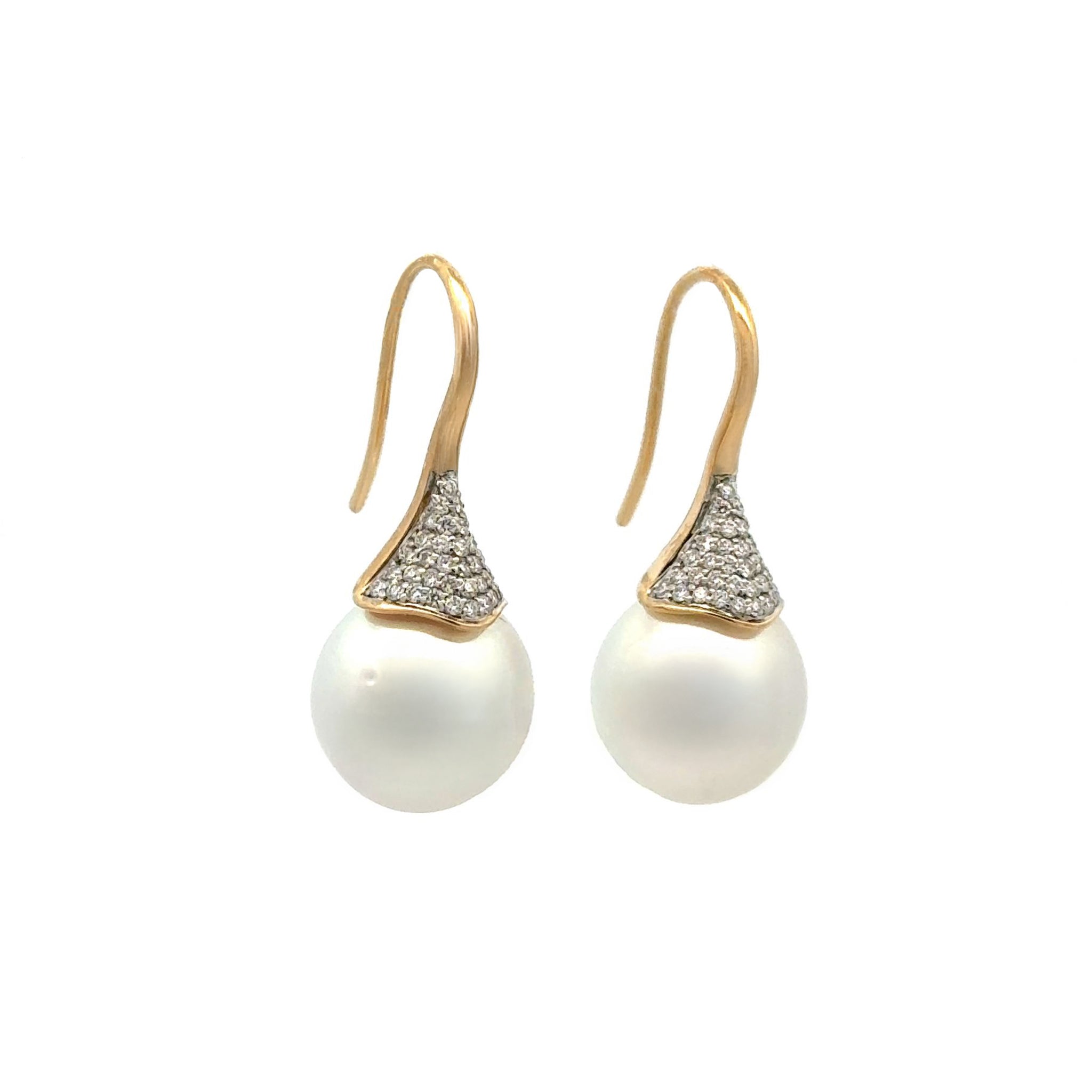 18K Yellow Gold Australian South Sea 12-13mm Cultured Pearl and Diamond Hook Earrings side view