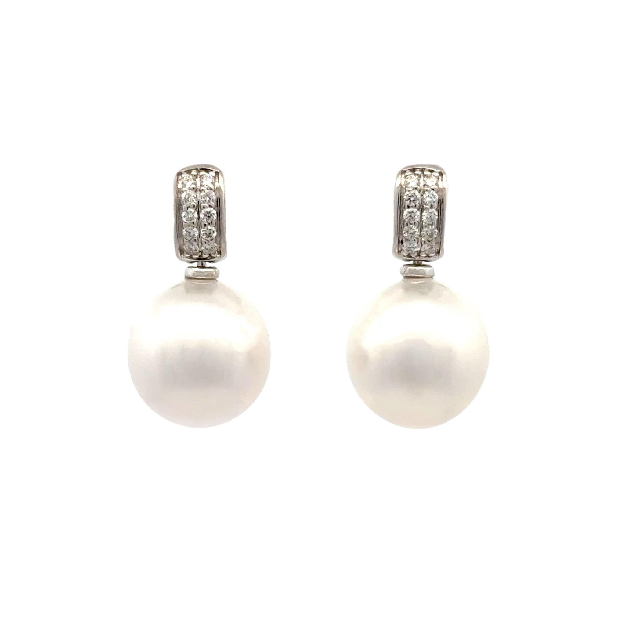 18K White Gold Australian South Sea 11-12mm Cultured Pearl and Diamond Drop Earrings