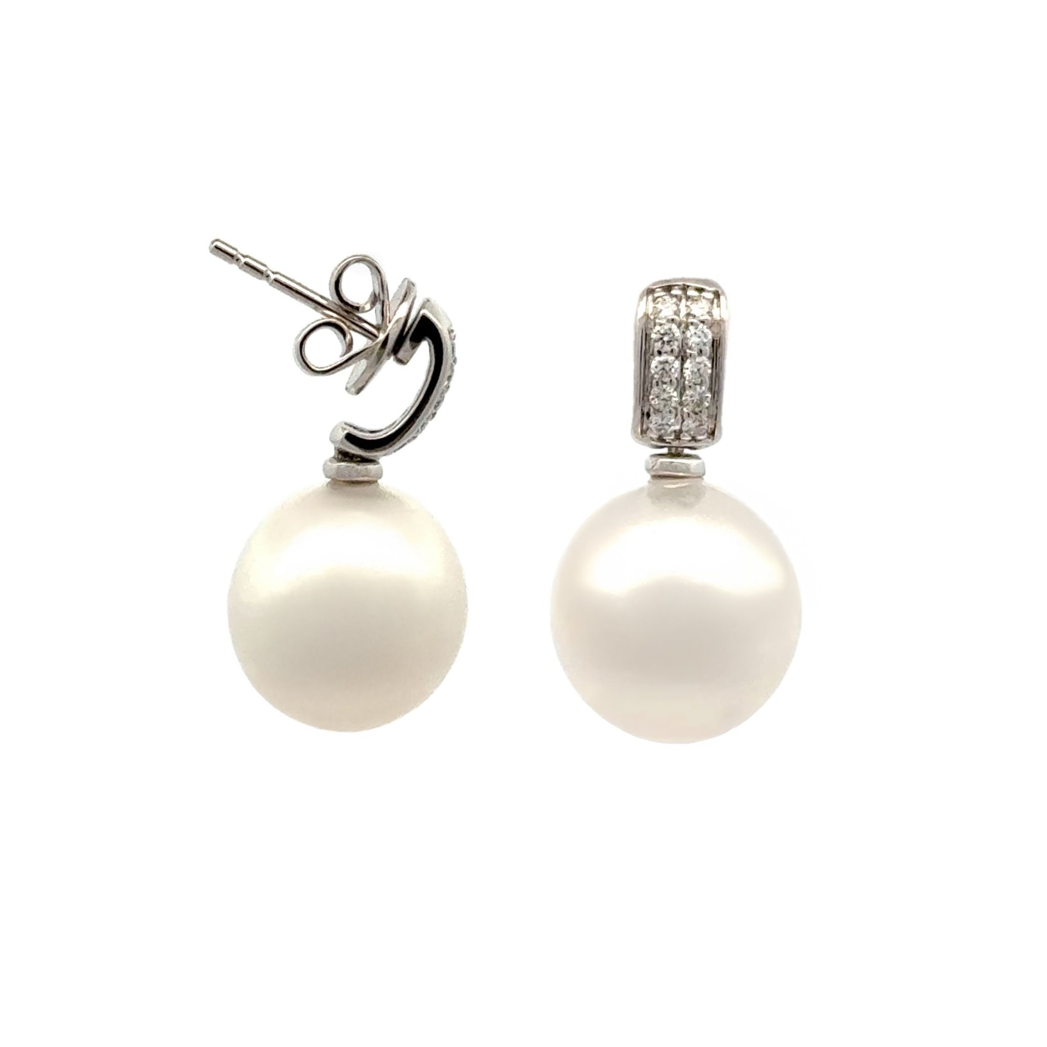 18K White Gold Australian South Sea 11-12mm Cultured Pearl and Diamond Drop Earrings side view