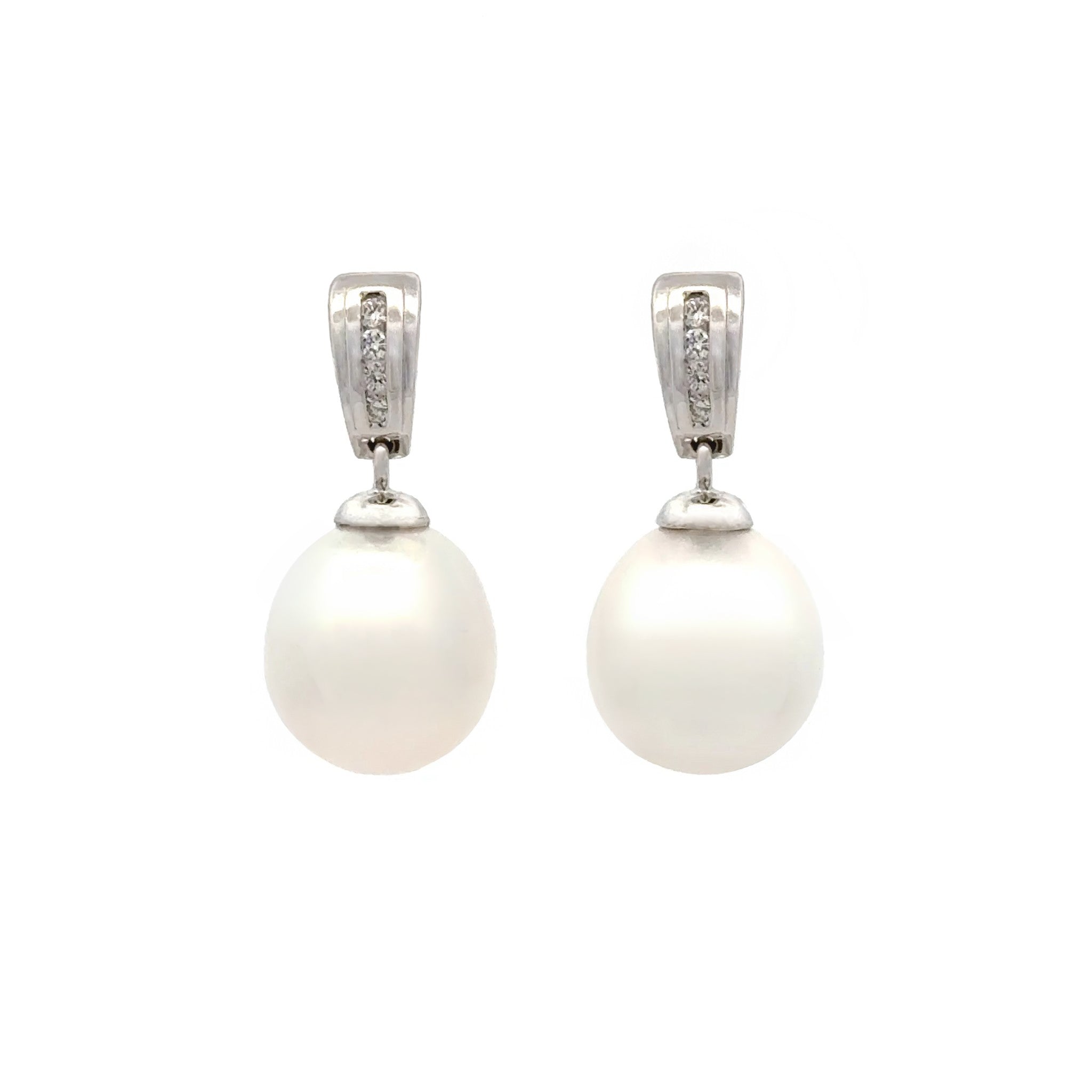 18K White Gold Australian South Sea 10-11mm Cultured Pearl and Diamond Drop Earrings front view