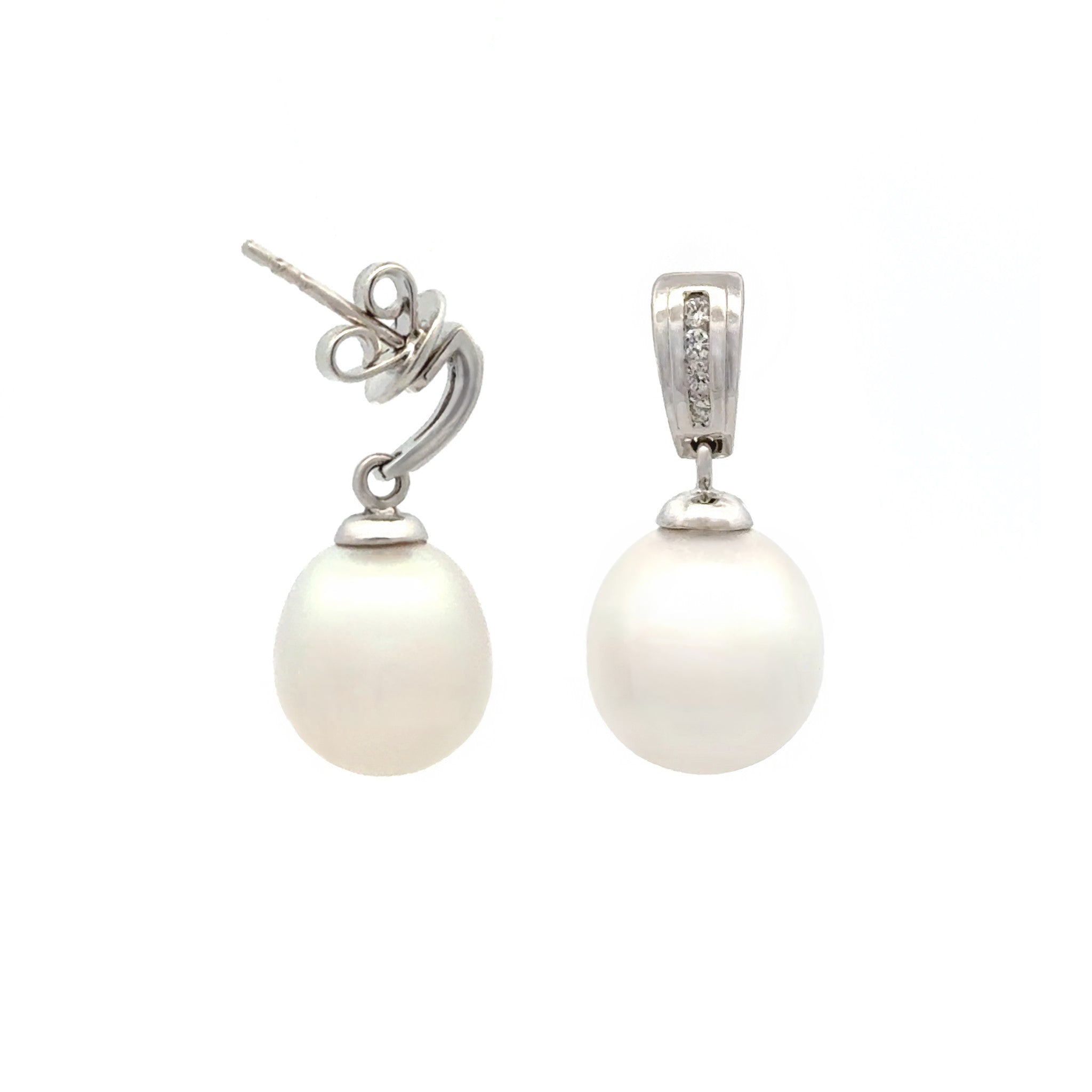 18K White Gold Australian South Sea 10-11mm Cultured Pearl and Diamond Drop Earrings side view