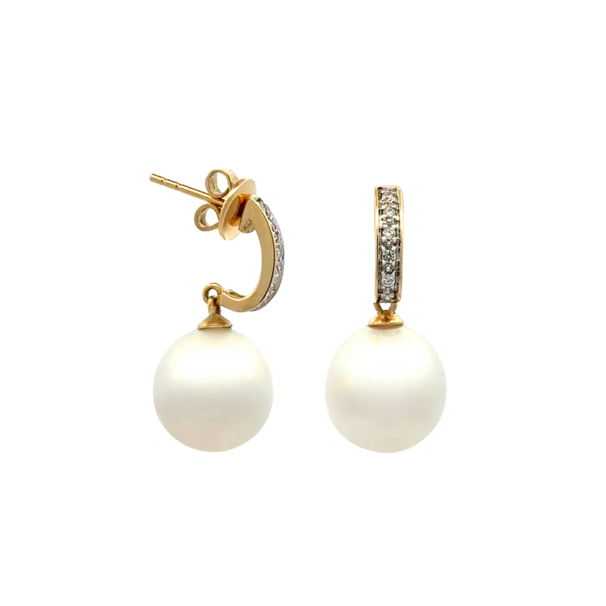 18K Yellow Gold Australian South Sea 10-11 mm Cultured Pearl and Diamond Drop Earrings side view