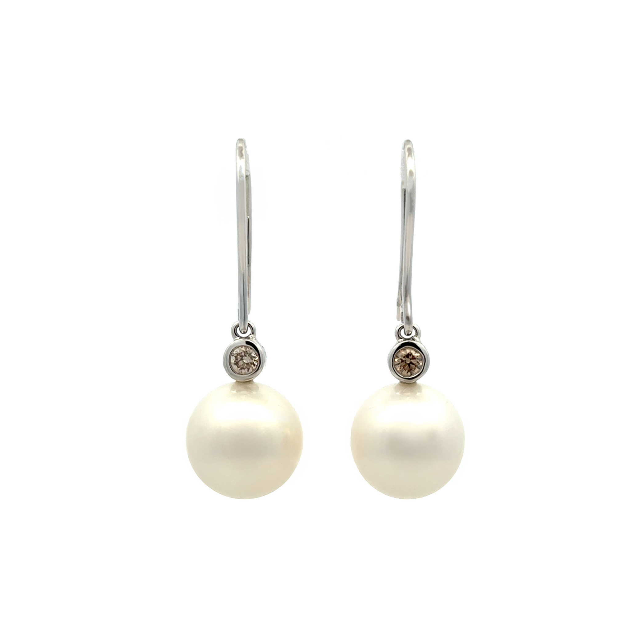 9K White Gold Australian South Sea 12-13 mm Cultured Pearl and Argyle Diamond Hook Earrings
