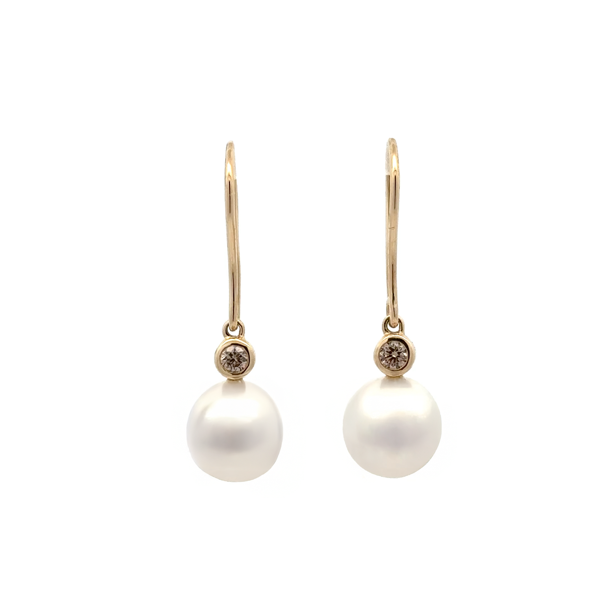 9K Yellow Gold Australian South Sea Cultured 10-11mm Pearl and Argyle Diamond Hook Earrings front view