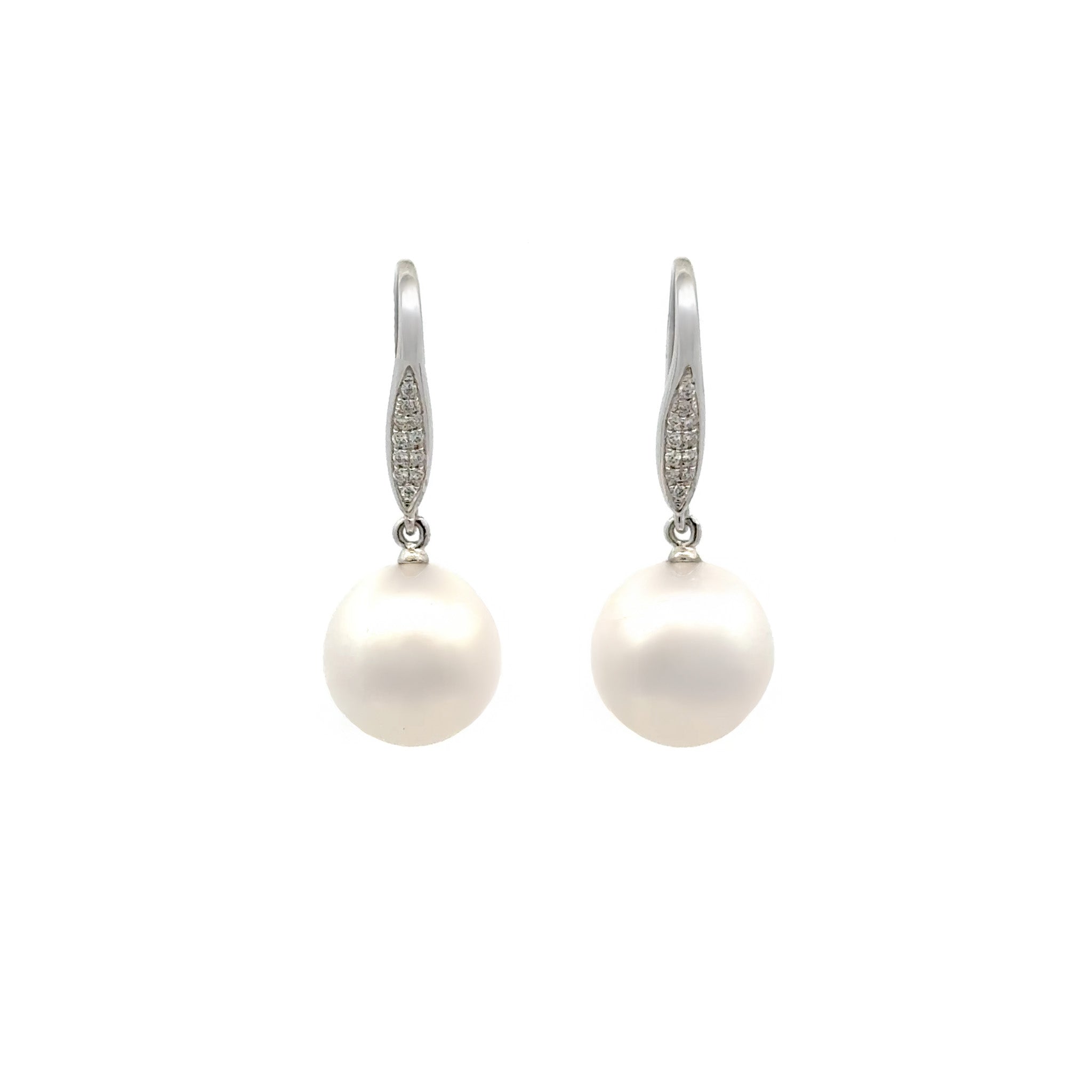 18K White Gold Australian South Sea 11-12 mm Cultured Pearl Hook Earrings front view