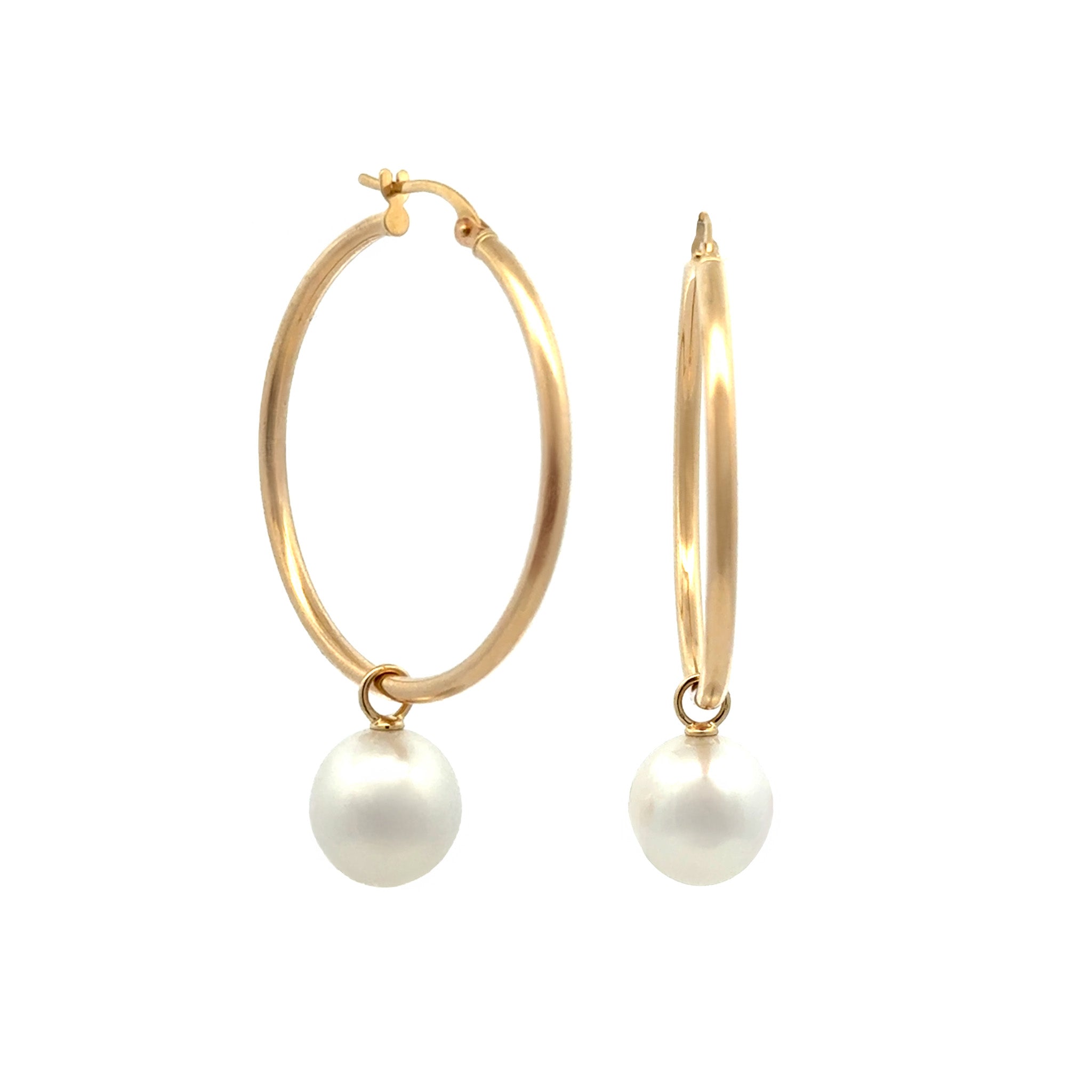 9K Yellow Gold Australian South Sea 10-11 mm Cultured Pearl Hoop Earrings side view