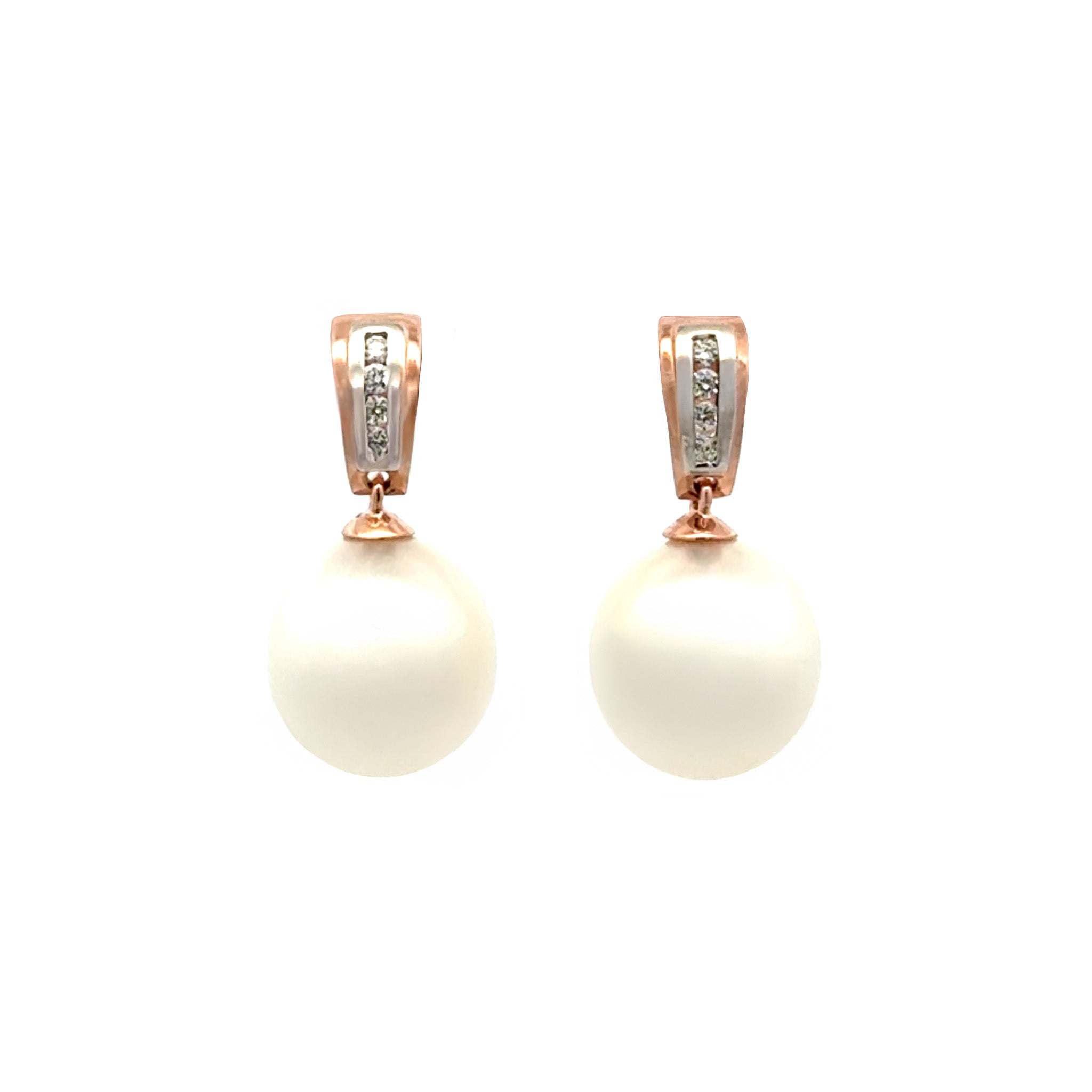 18K Rose Gold Australian South Sea 10-11 mm Cultured Pearl and Diamond Drop Earrings front view
