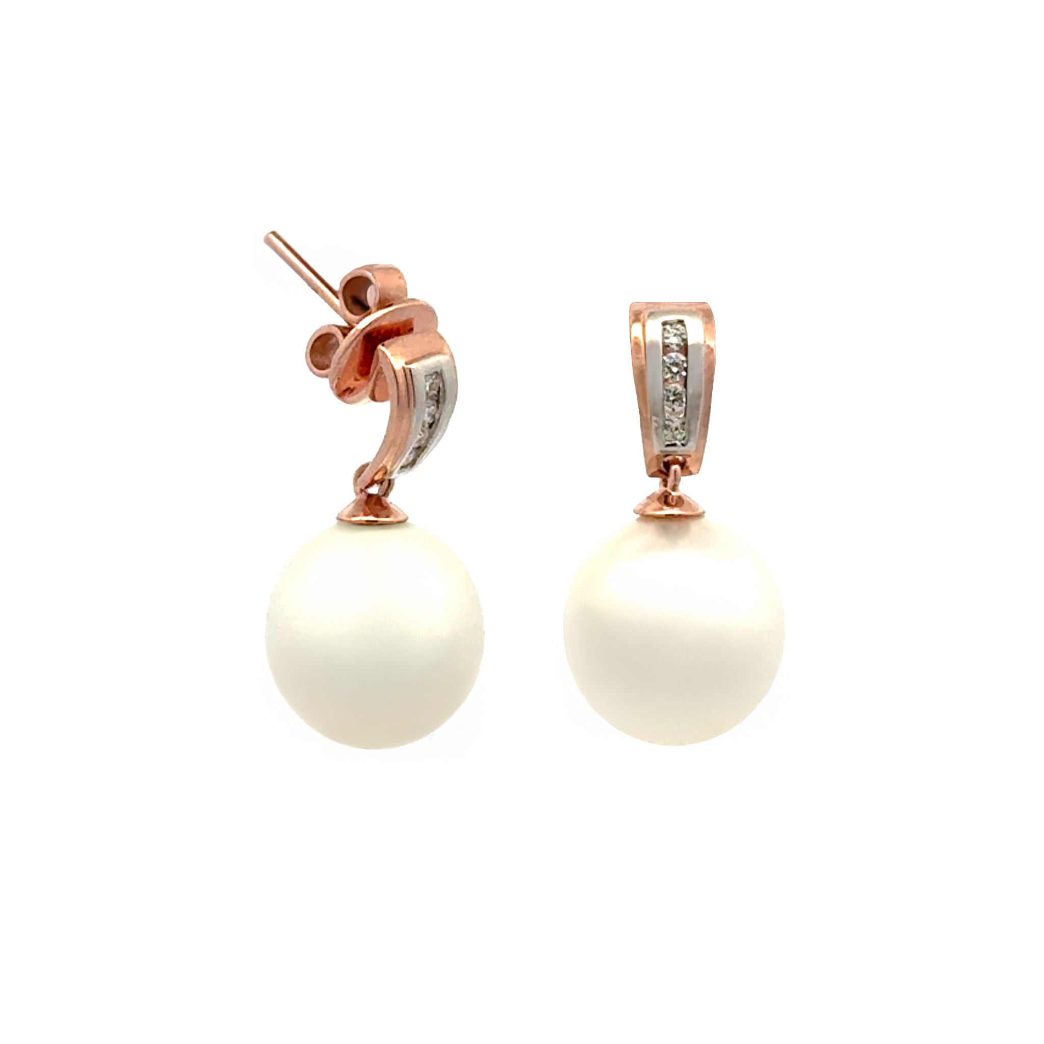 18K Rose Gold Australian South Sea 10-11 mm Cultured Pearl and Diamond Drop Earrings side view