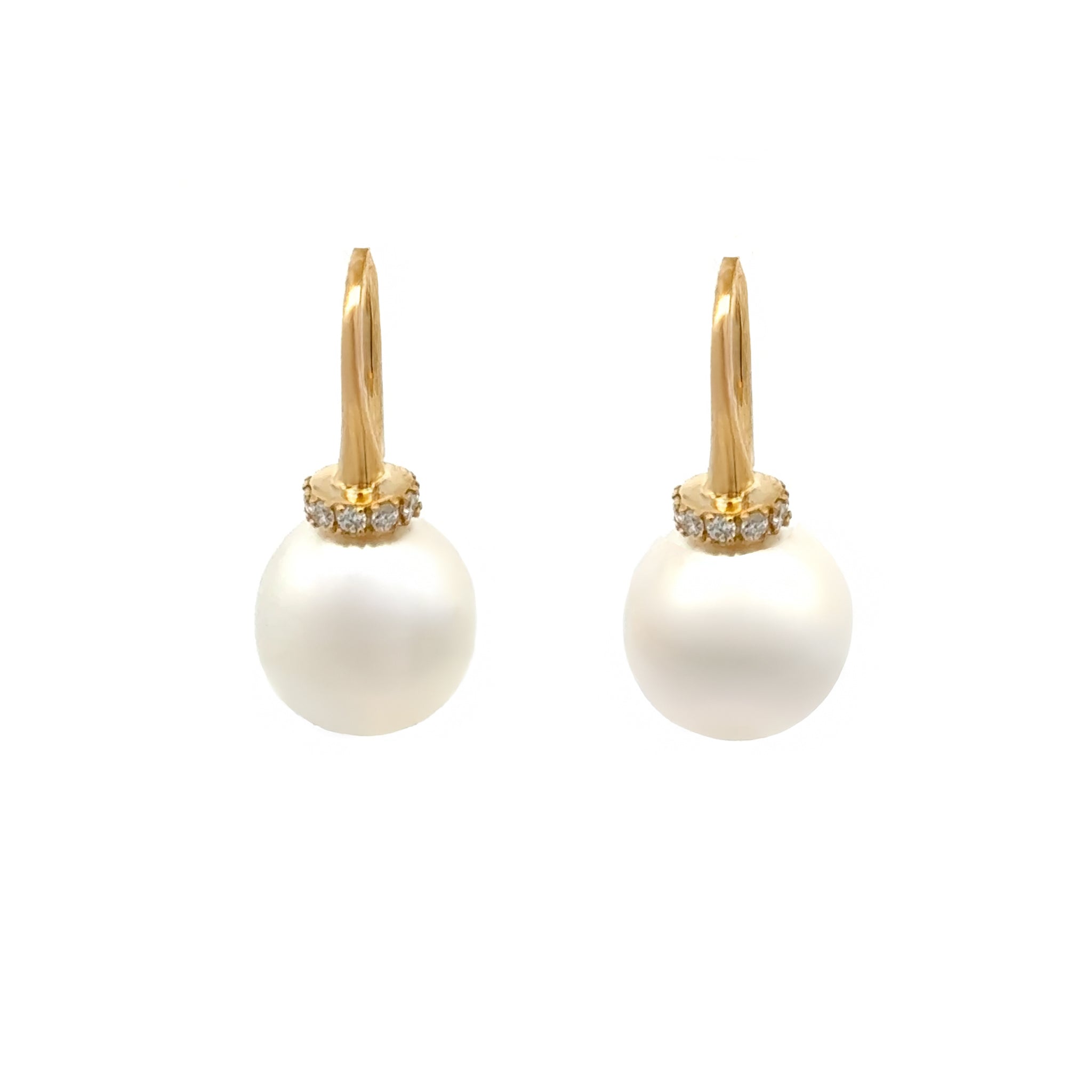 18K Yellow Gold Australian South Sea 10-11 mm Cultured Pearl and Diamond Hook Earrings front view