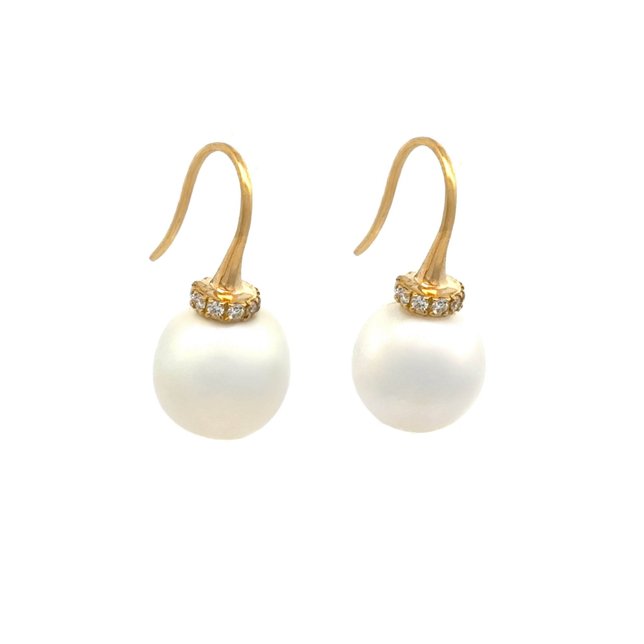 18K Yellow Gold Australian South Sea 10-11 mm Cultured Pearl and Diamond Hook Earrings side view