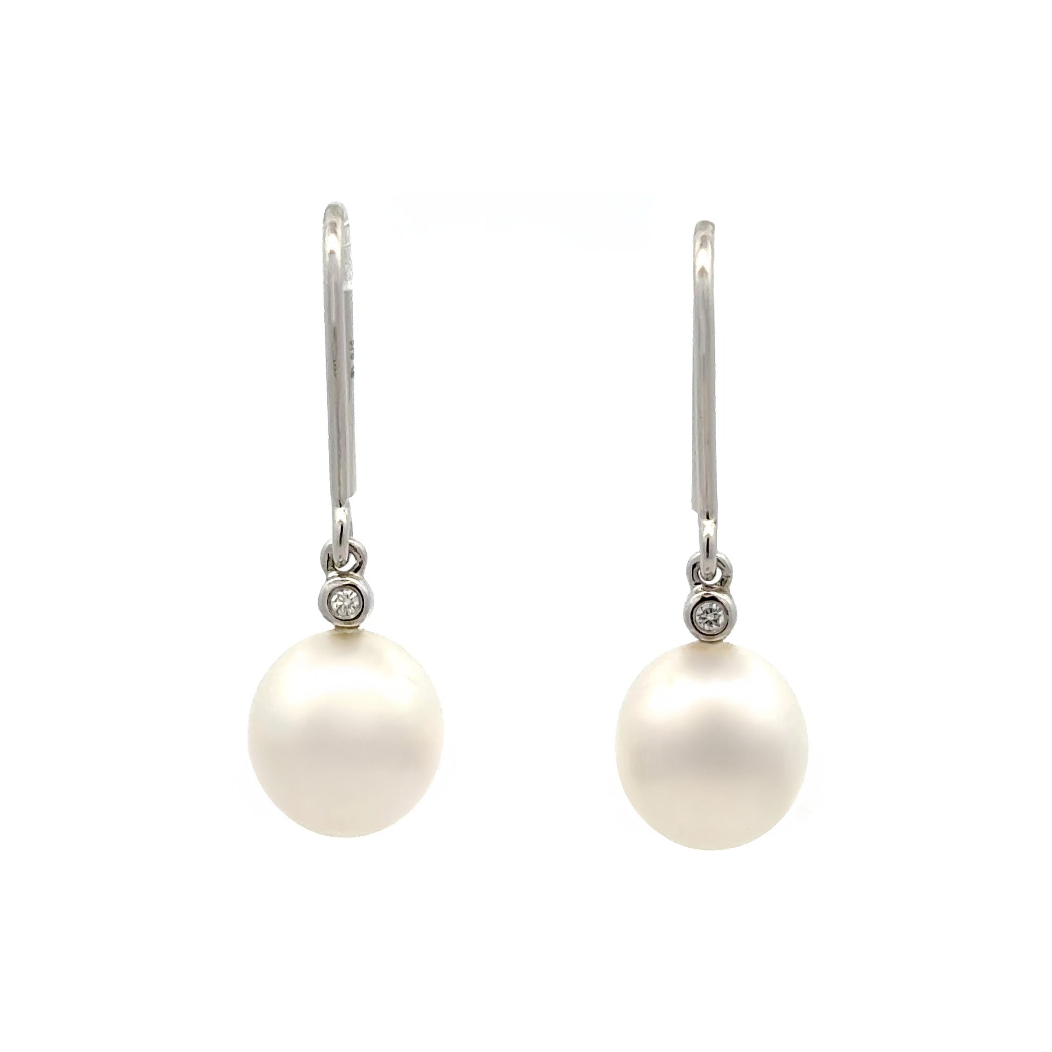 9K White Gold Australian South Sea 9-10 mm Cultured Pearl and Diamond Hook Earrings front view