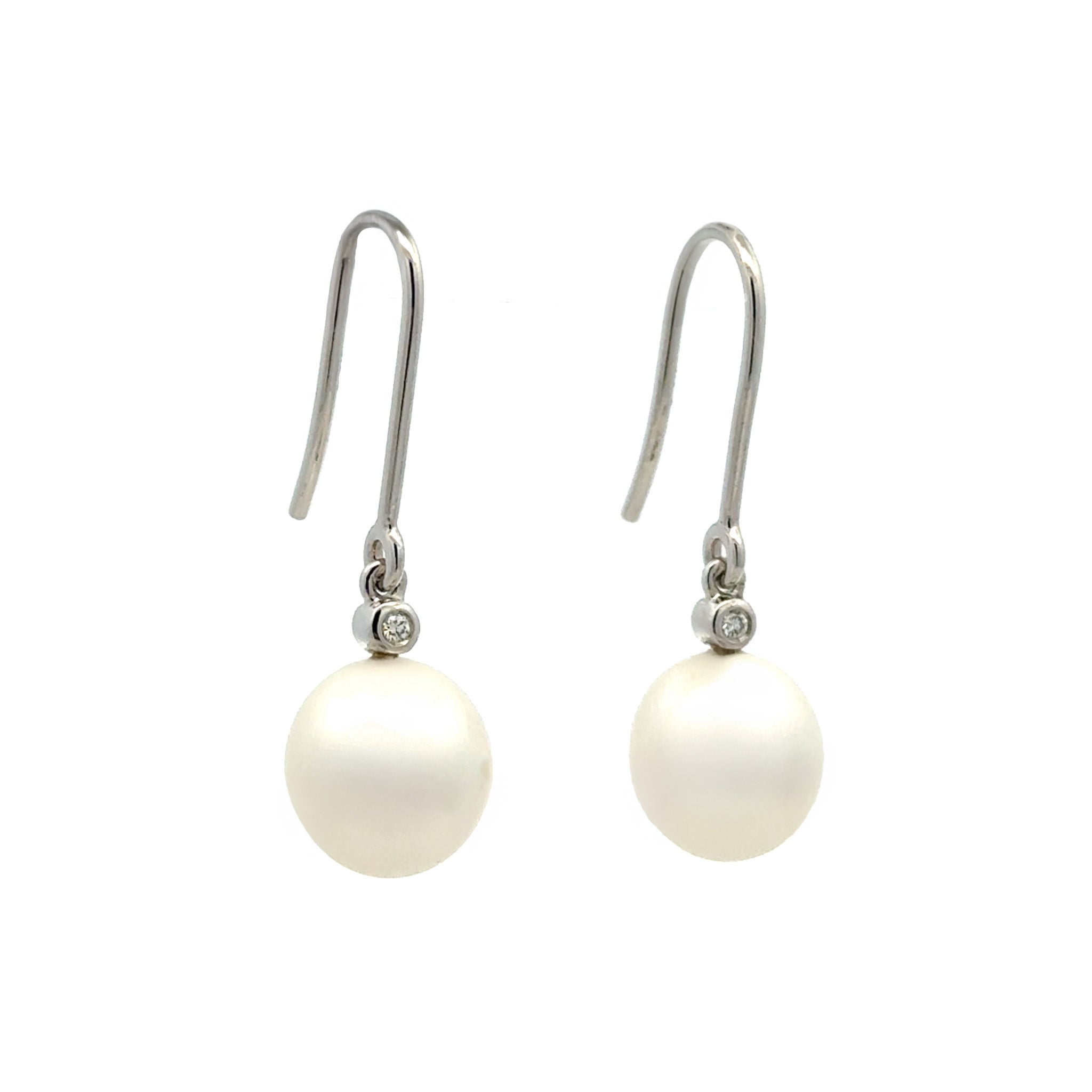 9K White Gold Australian South Sea 9-10 mm Cultured Pearl and Diamond Hook Earrings side view