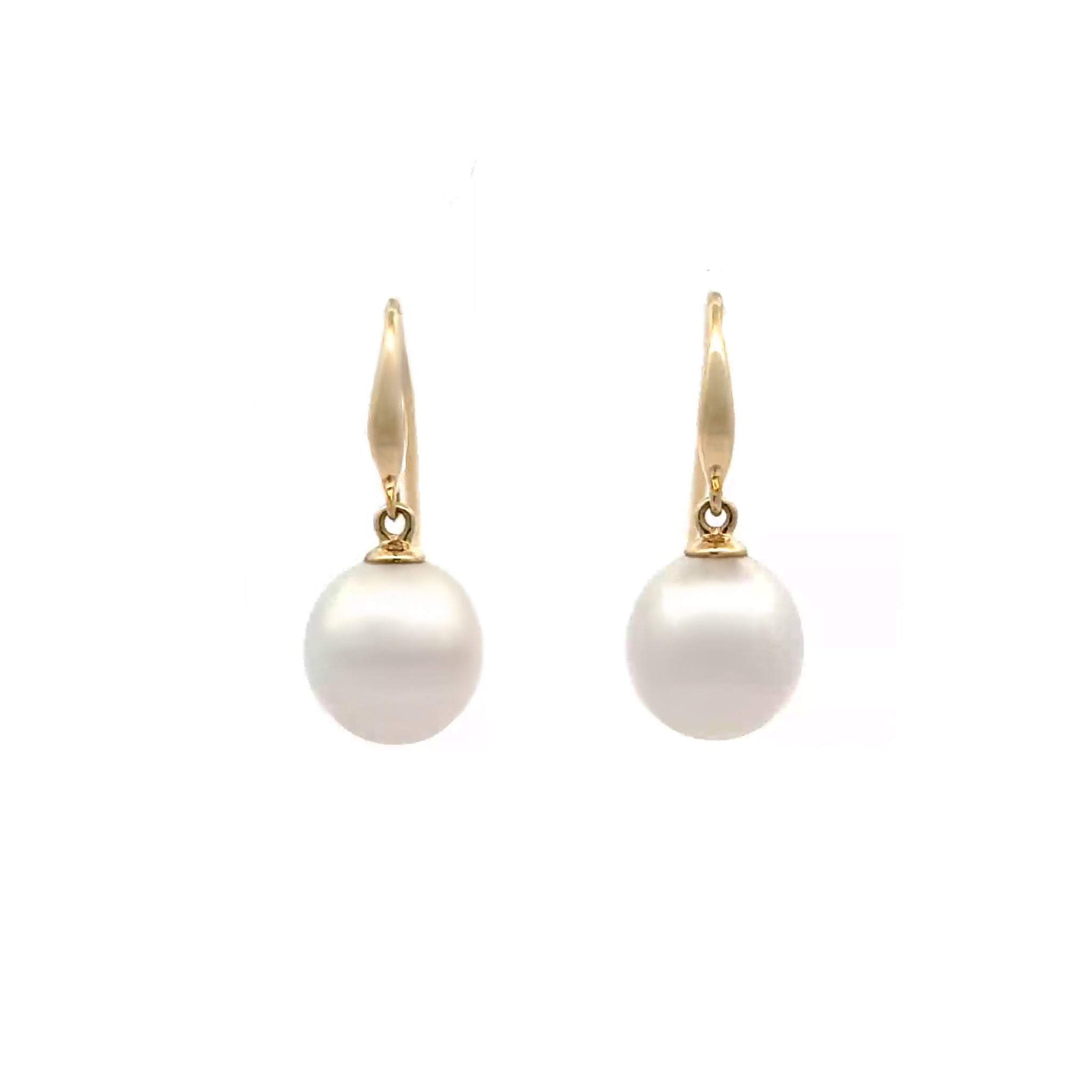 9K Yellow Gold Australian South Sea 9-10 mm Cultured Pearl Hook Earrings front view
