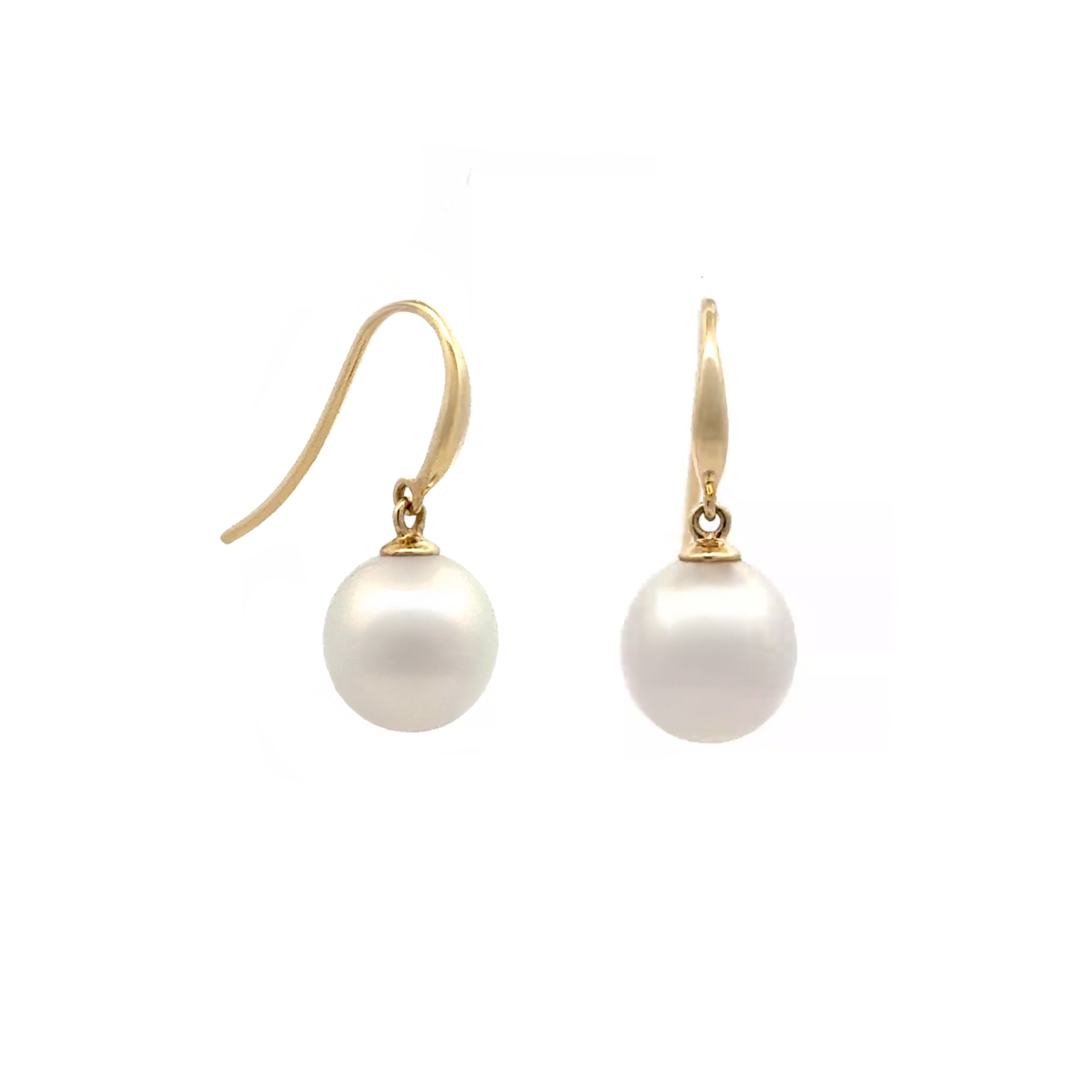 9K Yellow Gold Australian South Sea 9-10 mm Cultured Pearl Hook Earrings side view