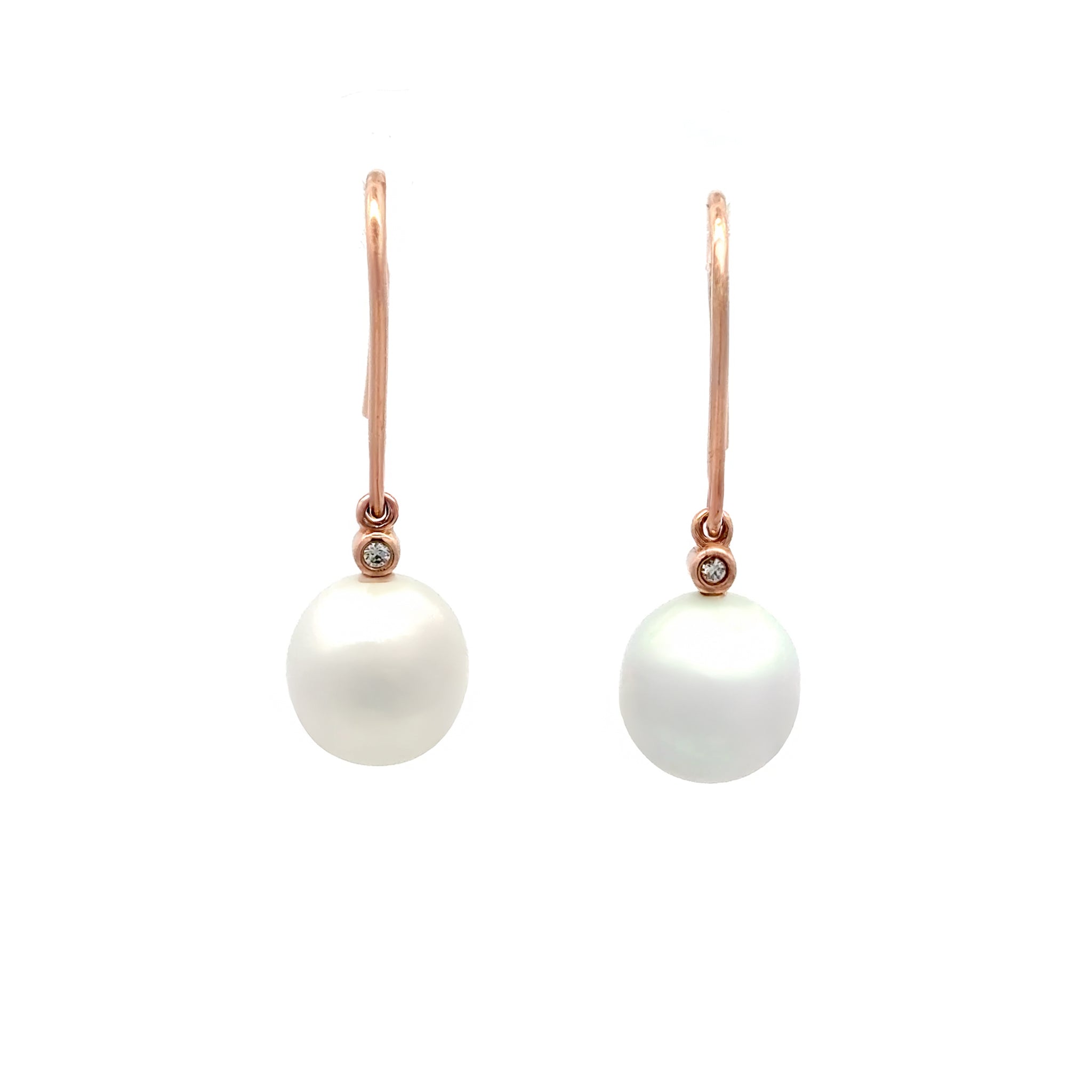 9K Rose Gold Australian South Sea 9-10 mm Cultured Pearl and Diamond Hook Earrings front view