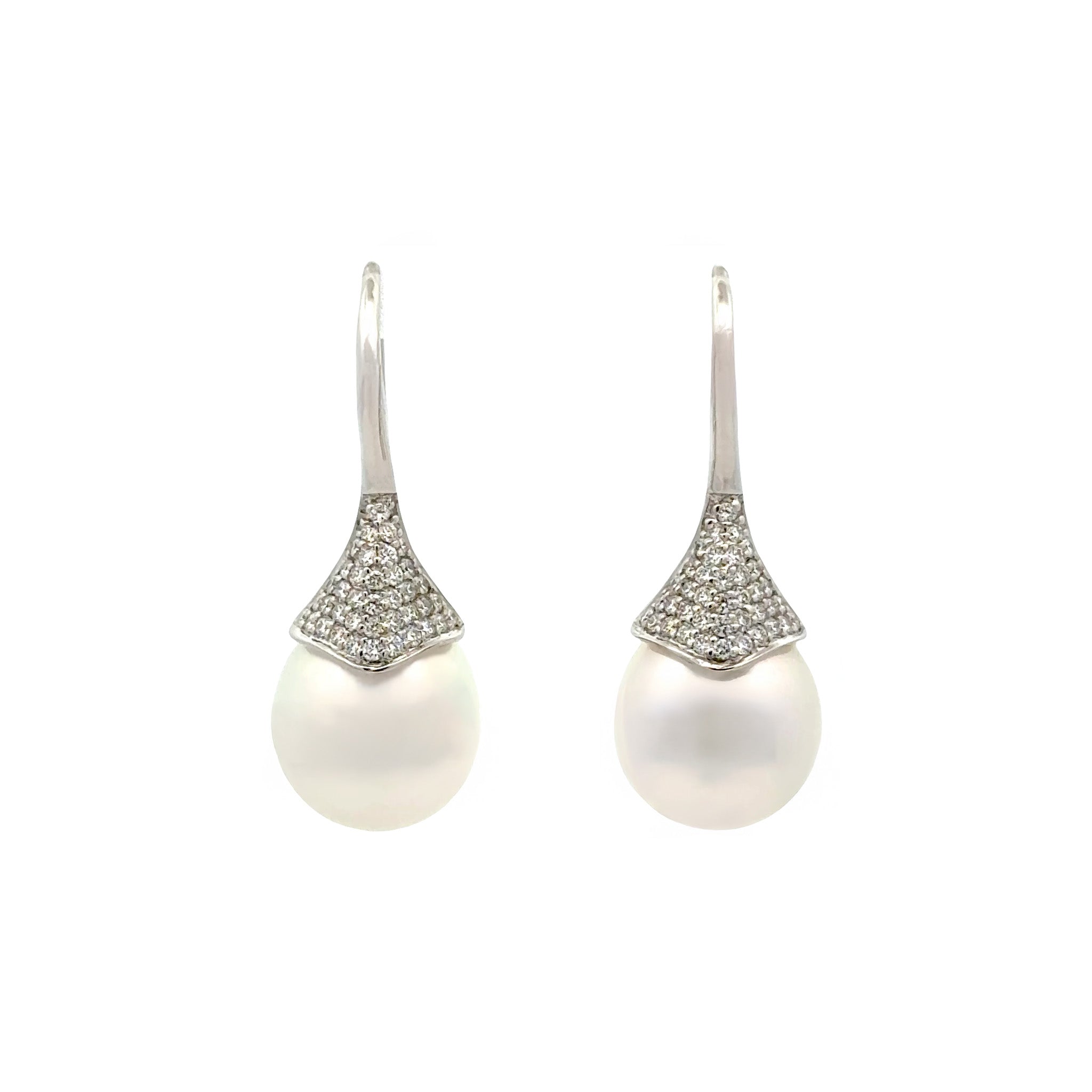 18K White Gold Australian South Sea 10-11 mm Cultured Pearl and Diamond Hook Earrings front view