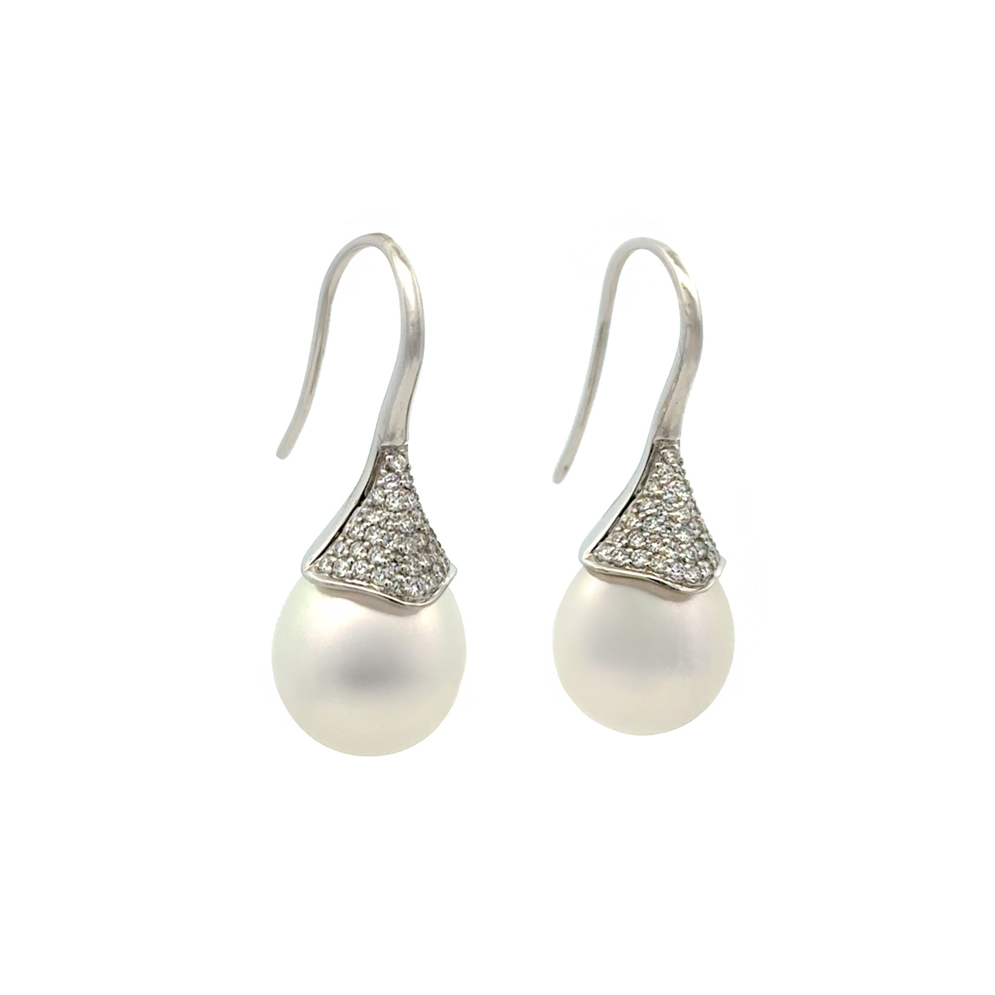 18K White Gold Australian South Sea 10-11 mm Cultured Pearl and Diamond Hook Earrings side view