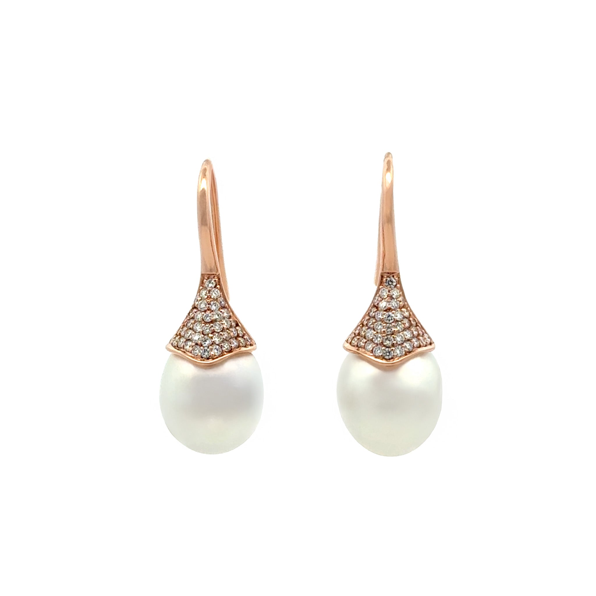 18K Rose Gold Australian South Sea 10-11 mm Cultured Pearl and Diamond Hook Earrings front view