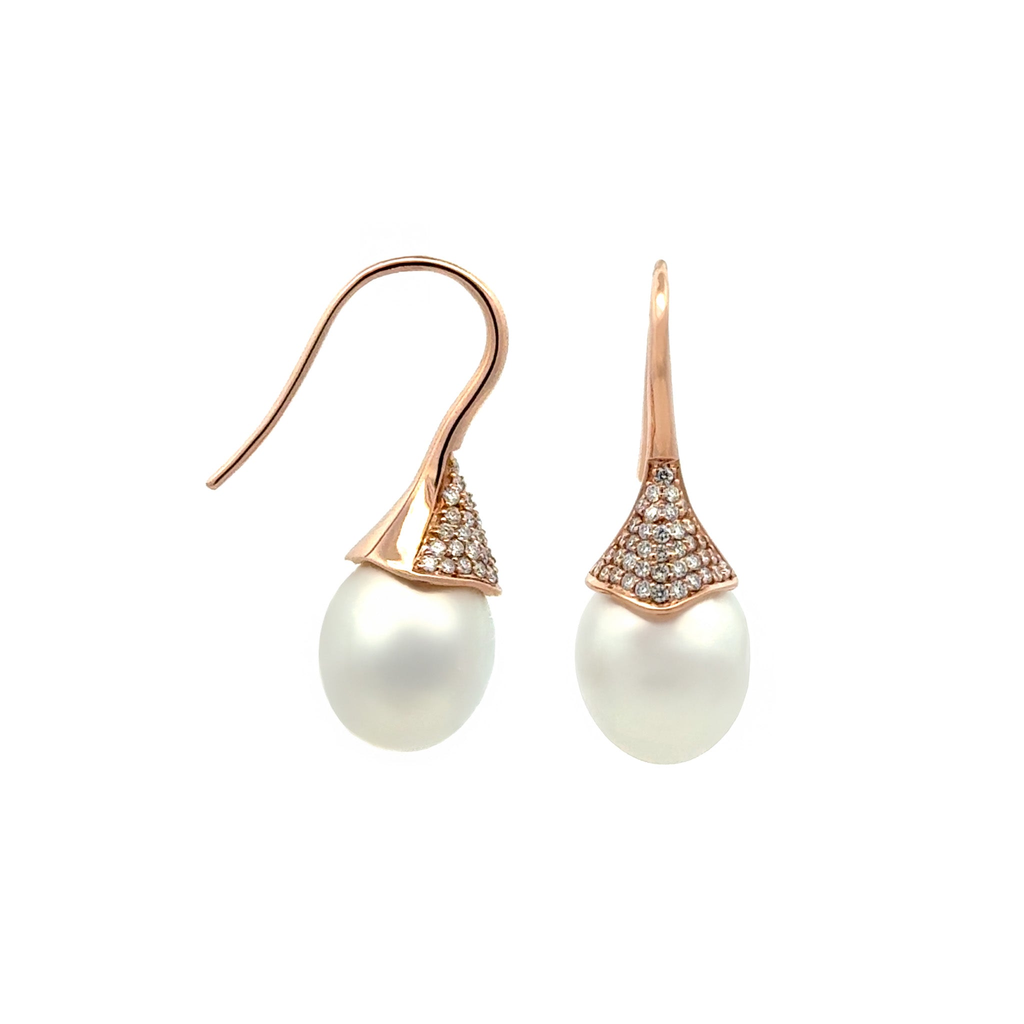 18K Rose Gold Australian South Sea 10-11 mm Cultured Pearl and Diamond Hook Earrings side view