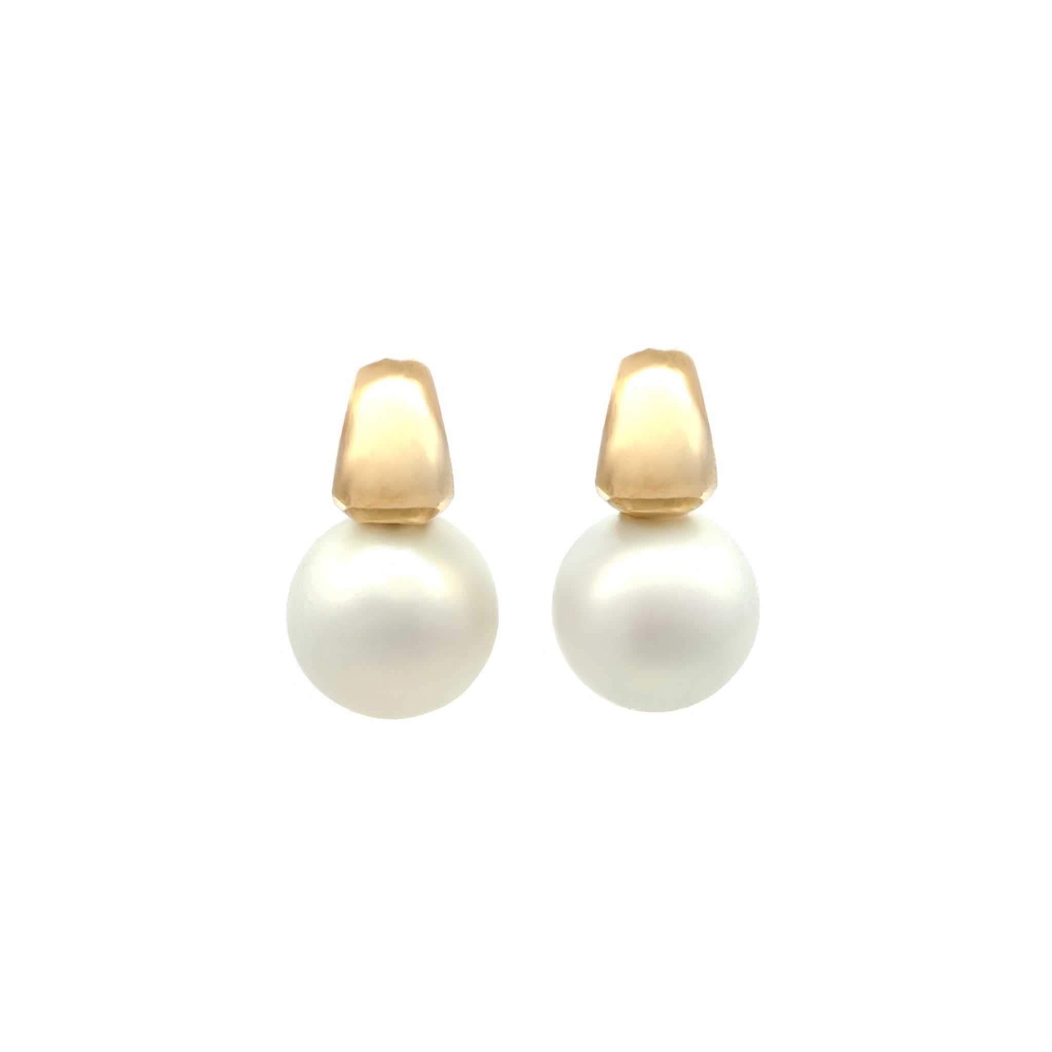 9K Yellow Gold Australian South Sea Cultured 13-14 mm Pearl Huggie Earrings front view on white background