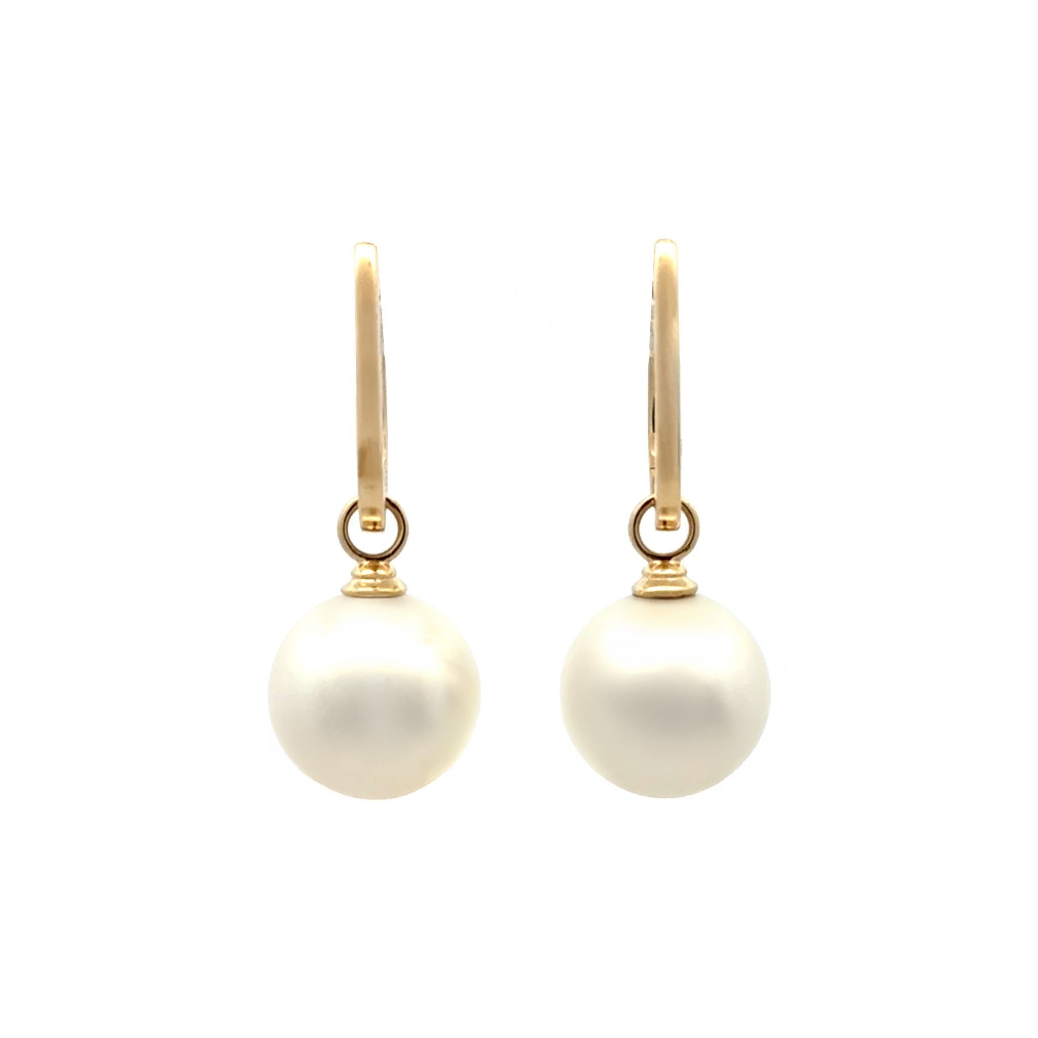 9K Yellow Gold Australian South Sea Cultured 12-13mm Pearl Huggie Earrings front view with white background