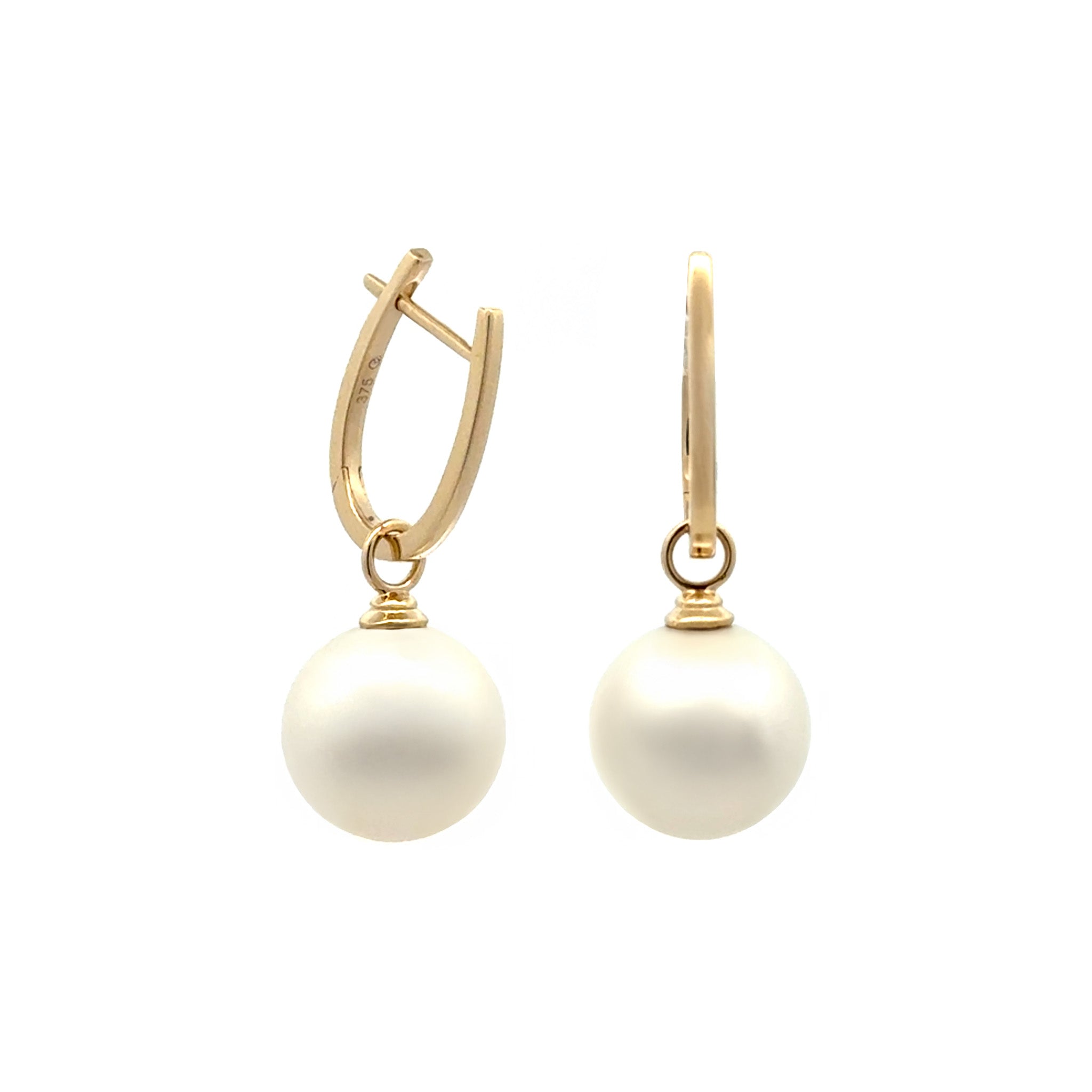 9K Yellow Gold Australian South Sea Cultured 12-13mm Pearl Huggie Earrings side and front view with white background