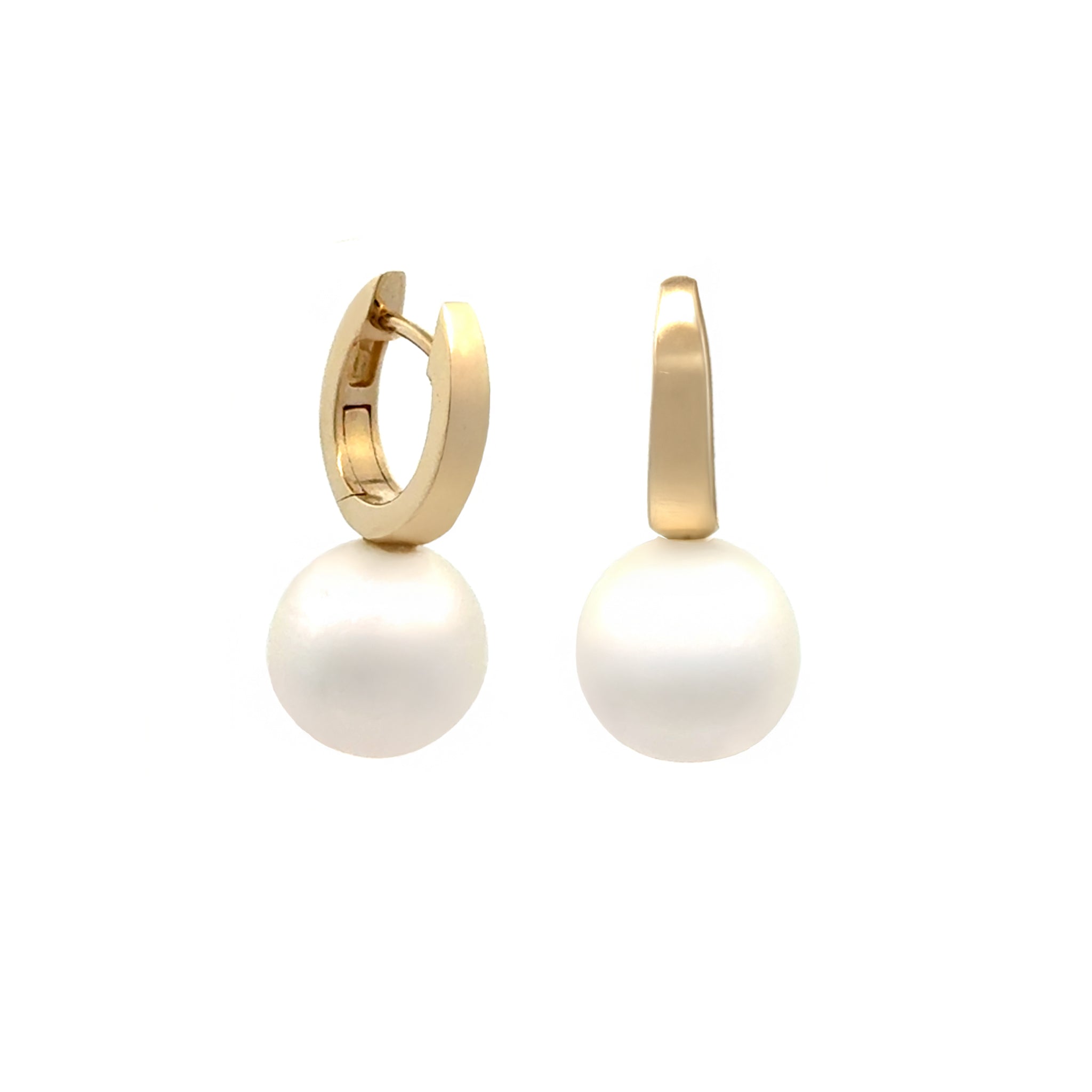 9K Yellow Gold Australian South Sea 12-13 mm Cultured Pearl Huggie Earrings side view on white background